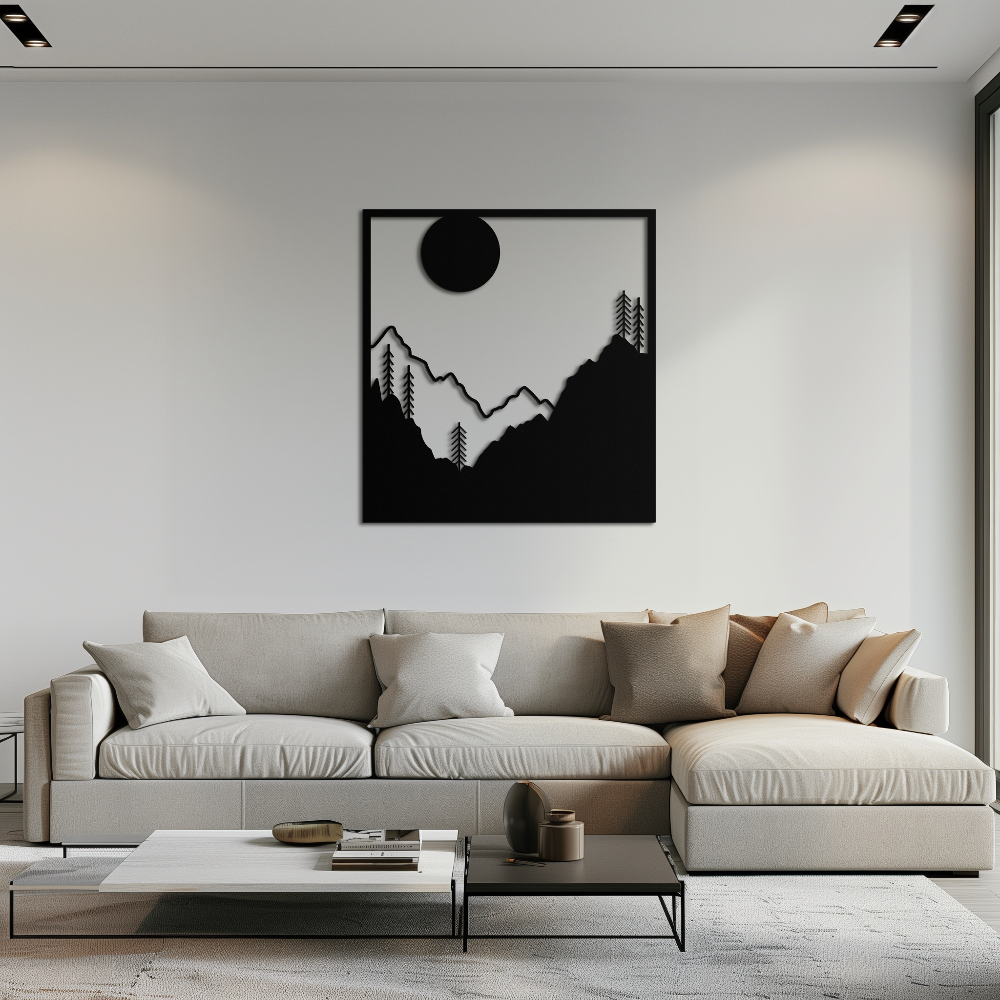 Metal Wall Art Moonlit Mountain Forest Scene Modern Square Silhouette Nature Decor