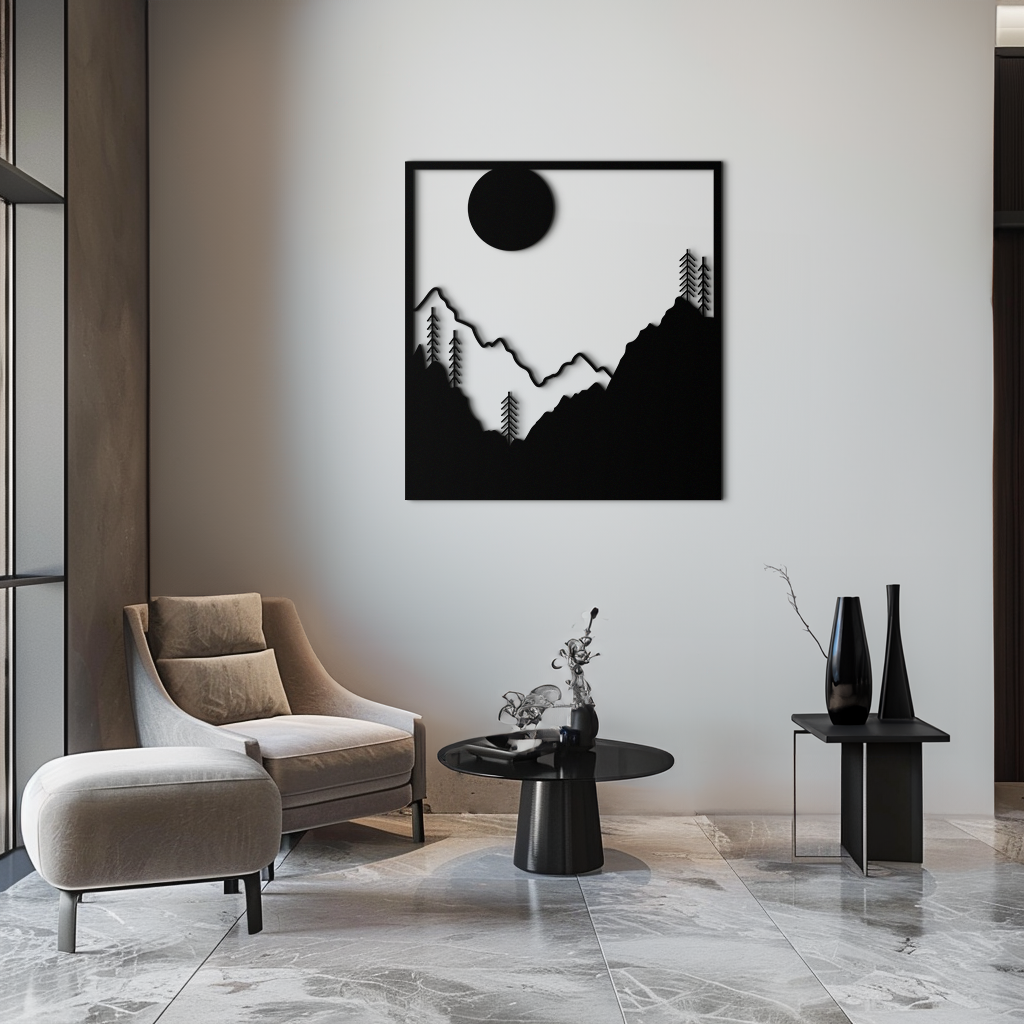 Metal Wall Art Moonlit Mountain Forest Scene Modern Square Silhouette Nature Decor