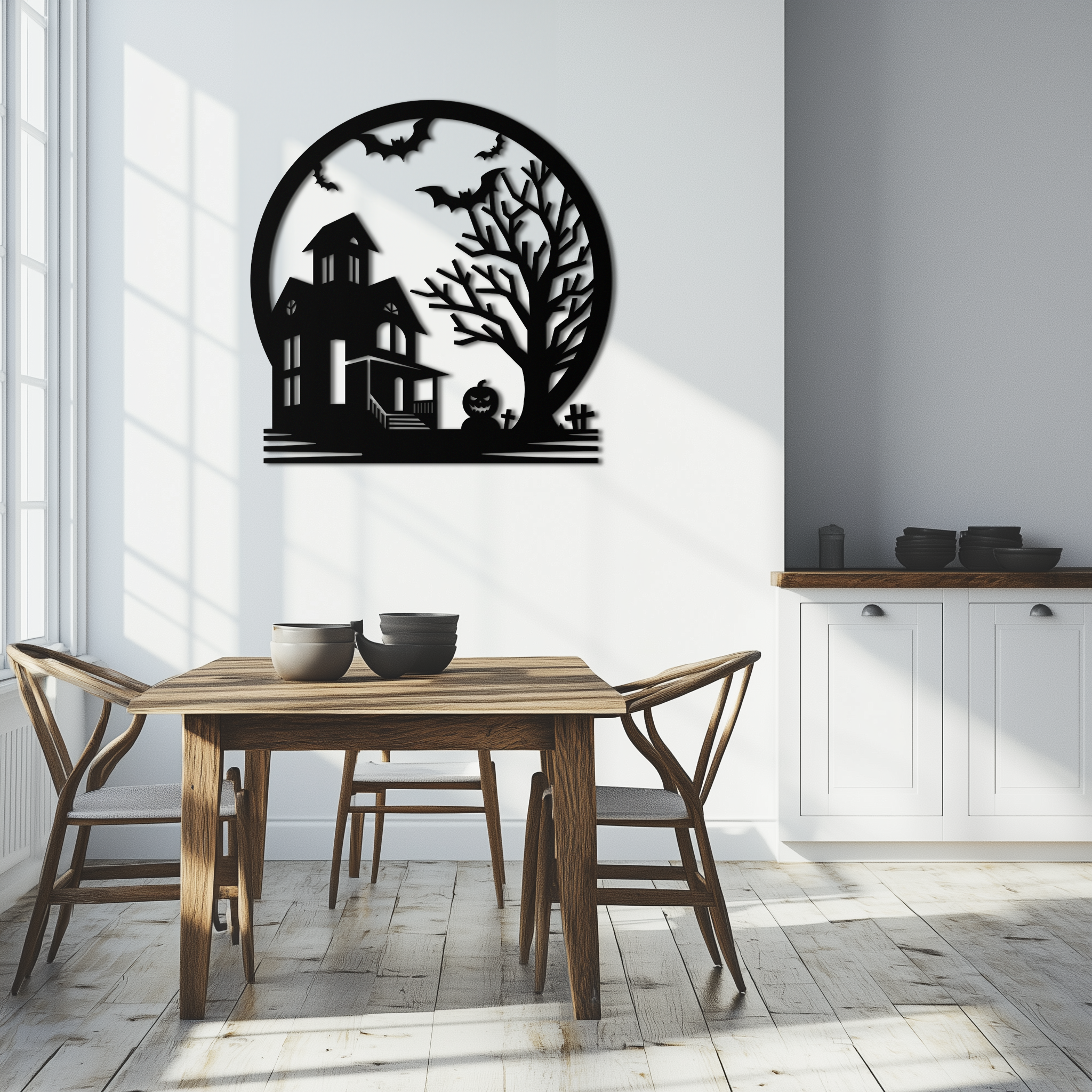 Metal Wall Art Haunted House and Bat Scene Round - Spooky Halloween Decor