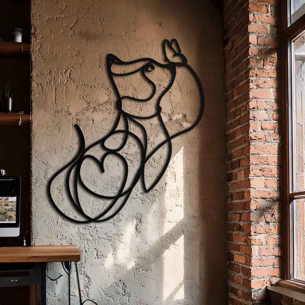 Black Steel Metal Wall Decor Dog and Butterfly - Minimalist Single Line Pet Artwork