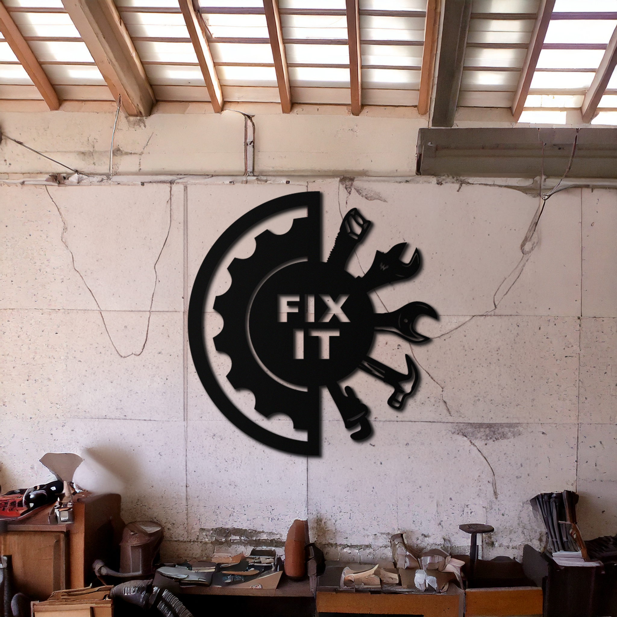 Black Steel Metal Wall Art - Industrial Gear and Tool Silhouette