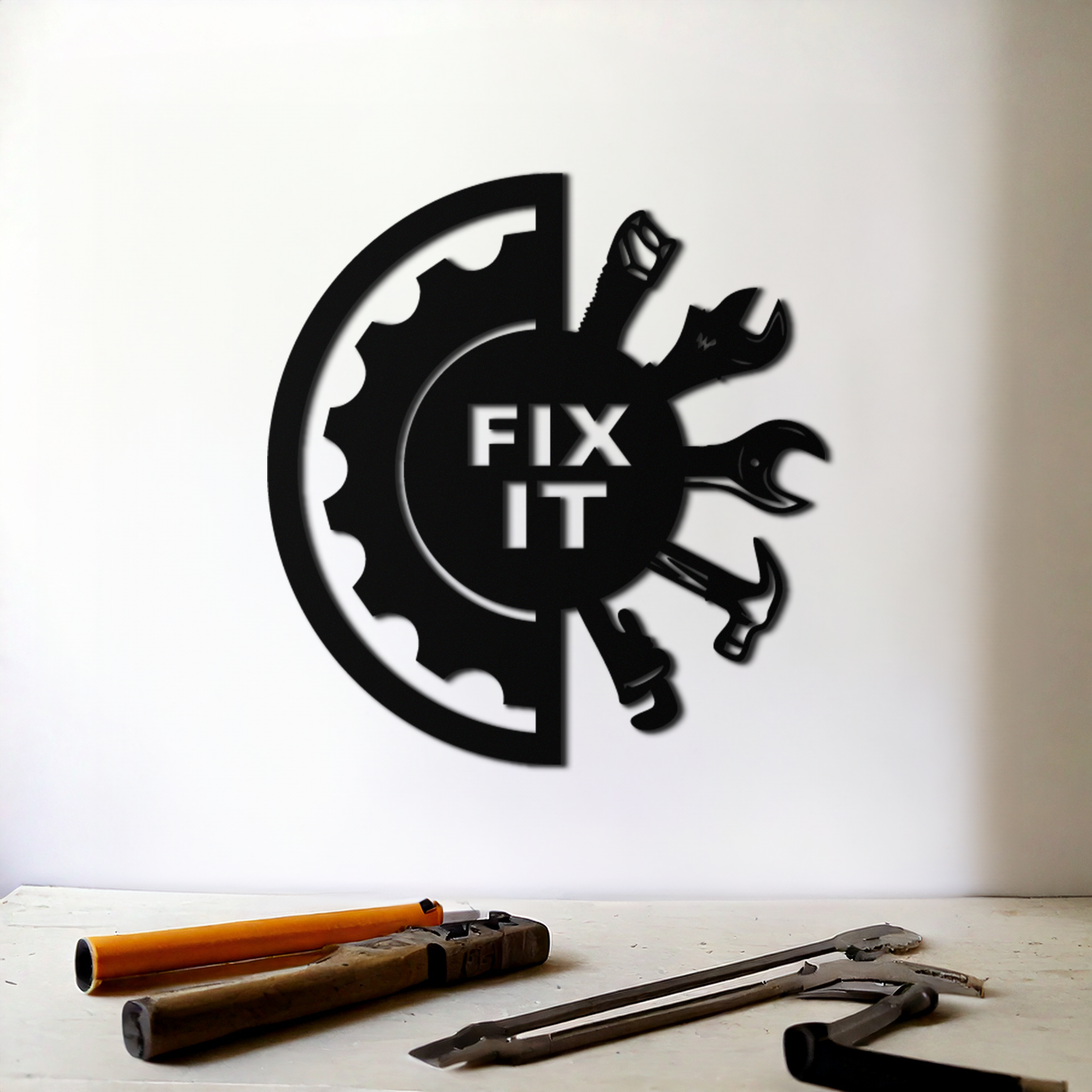 Black Steel Metal Wall Art - Industrial Gear and Tool Silhouette