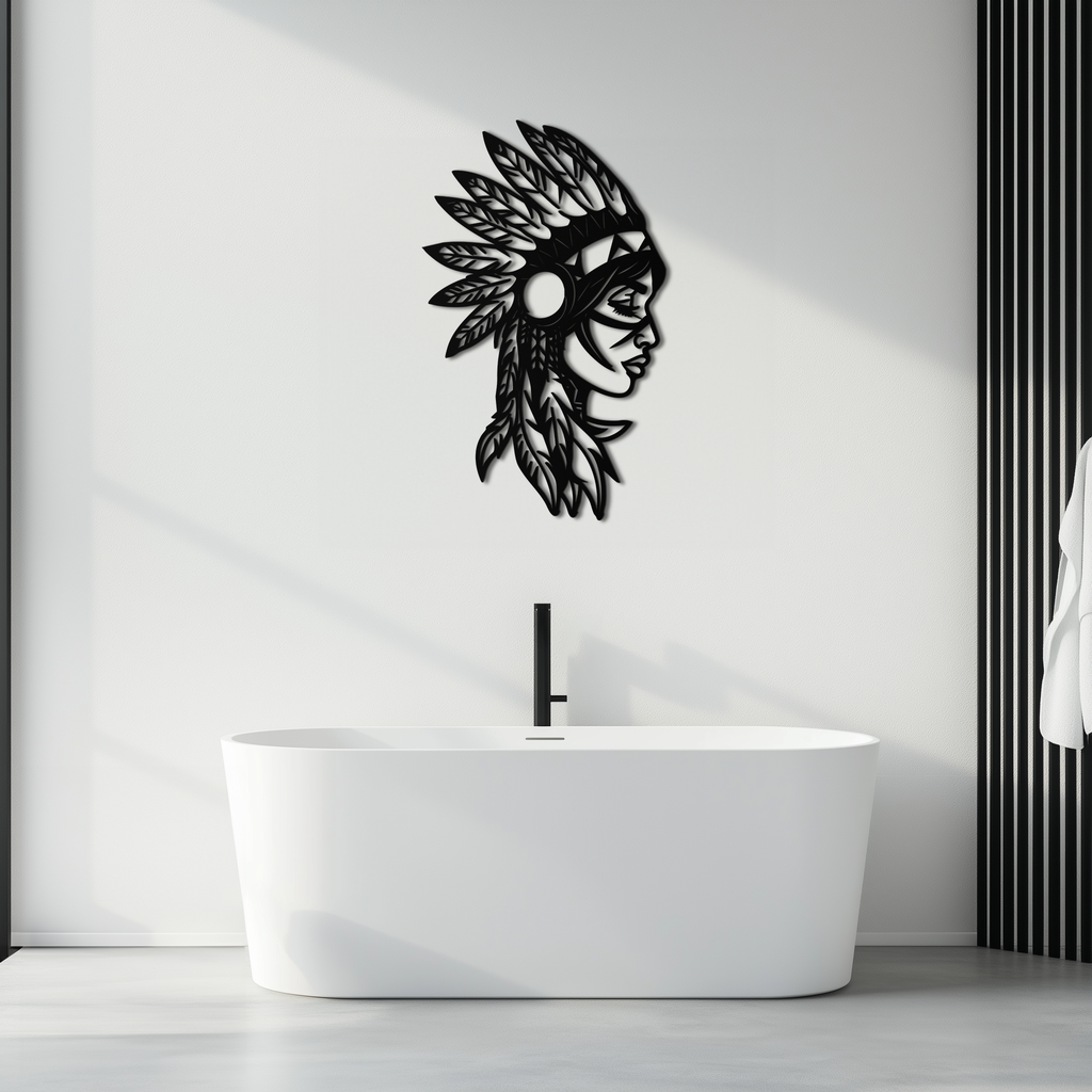 Native American Woman Metal Wall Art - Tribal Feathered Headdress