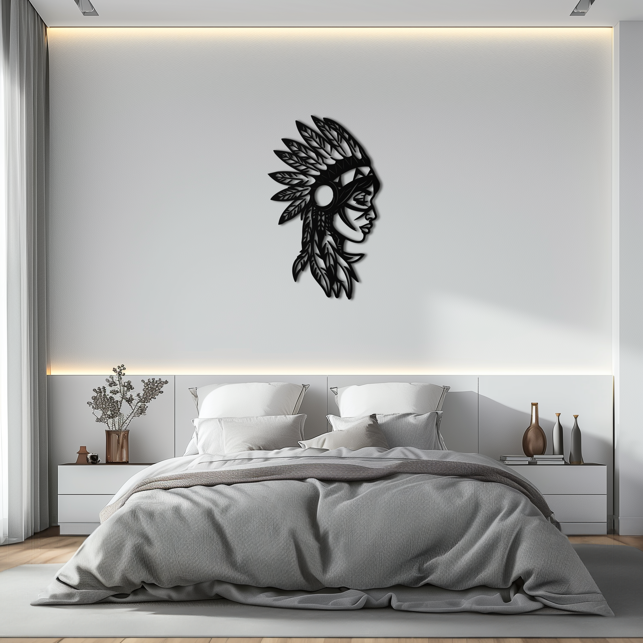 Native American Woman Metal Wall Art - Tribal Feathered Headdress