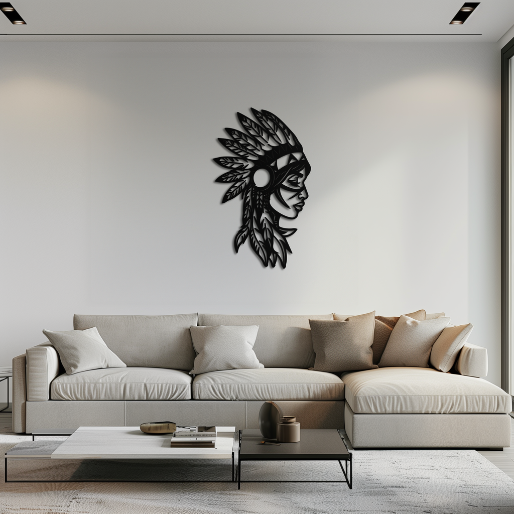 Native American Woman Metal Wall Art - Tribal Feathered Headdress