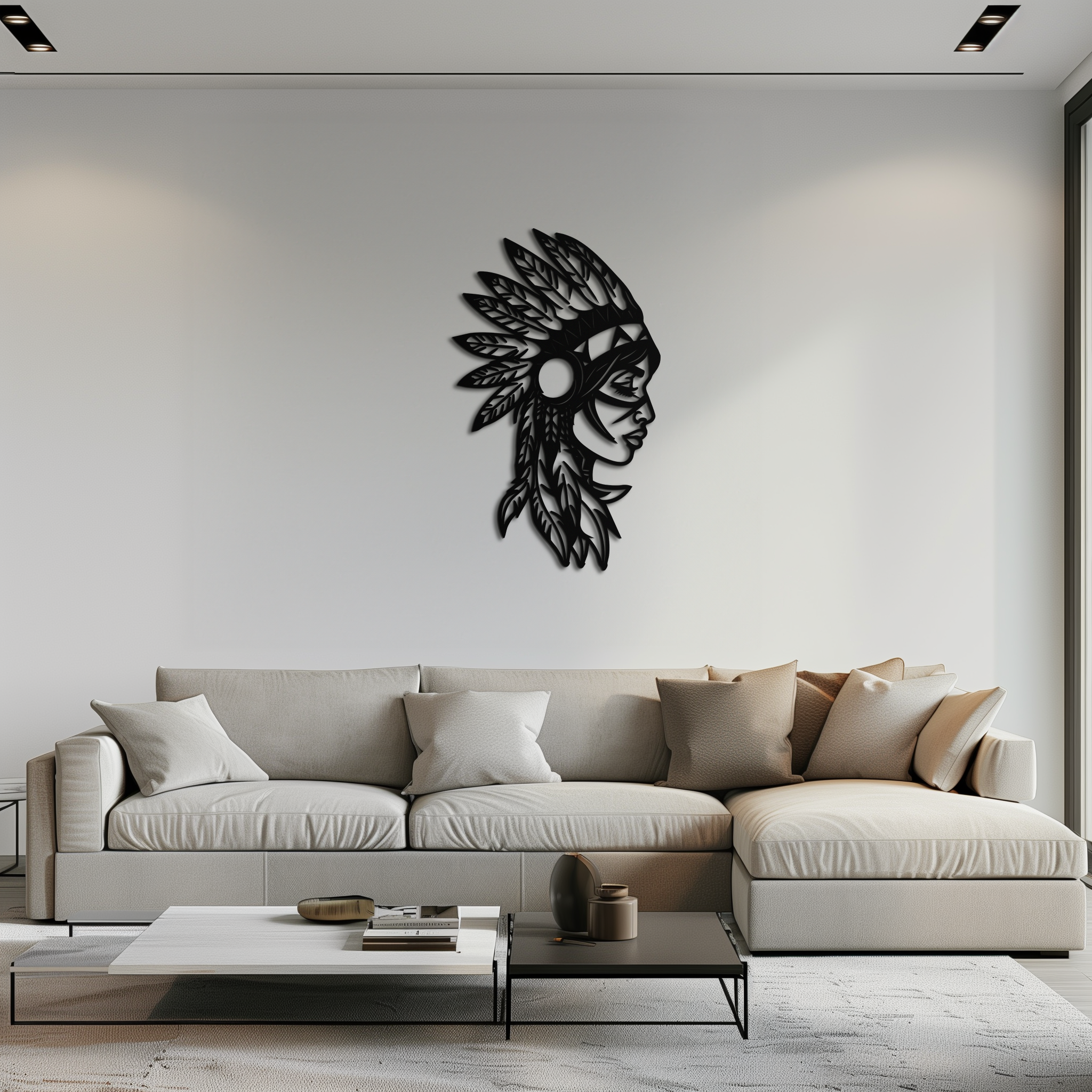 Native American Woman Metal Wall Art - Tribal Feathered Headdress