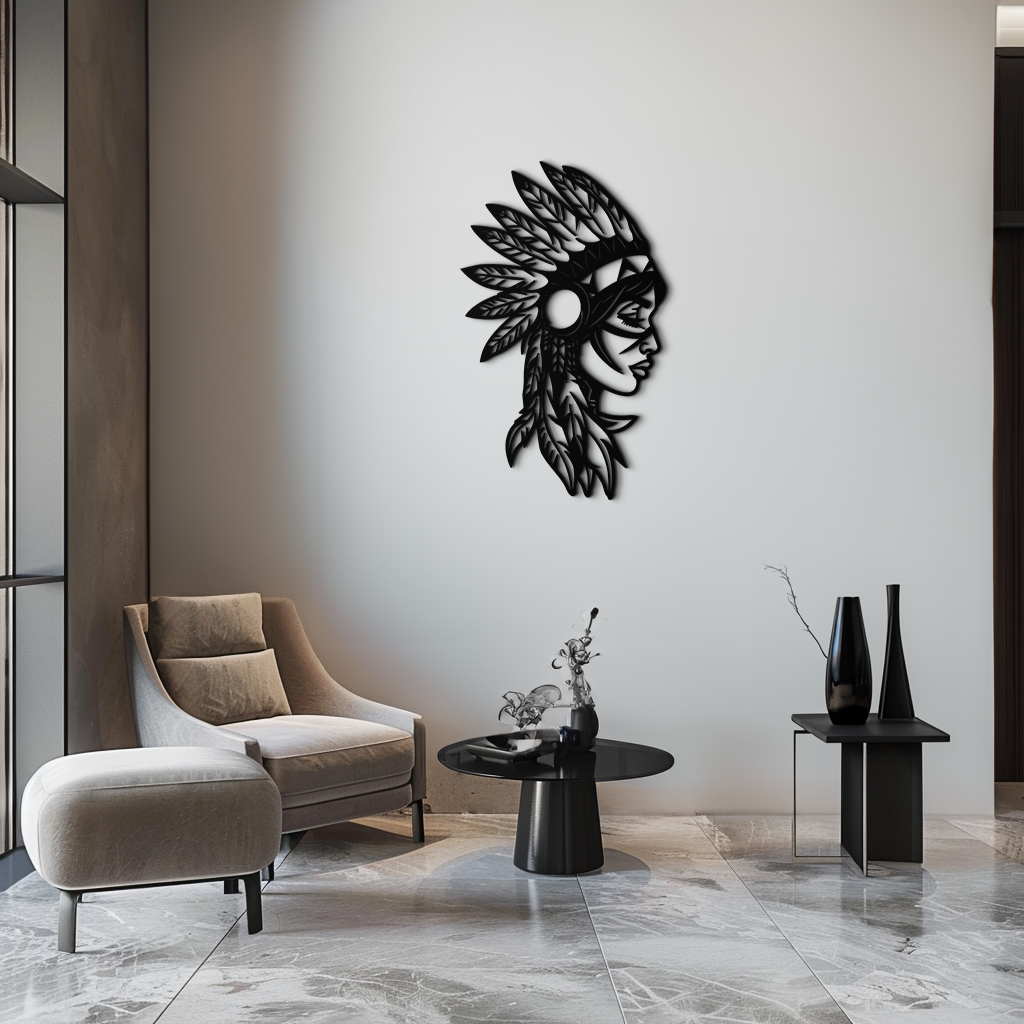Native American Woman Metal Wall Art - Tribal Feathered Headdress