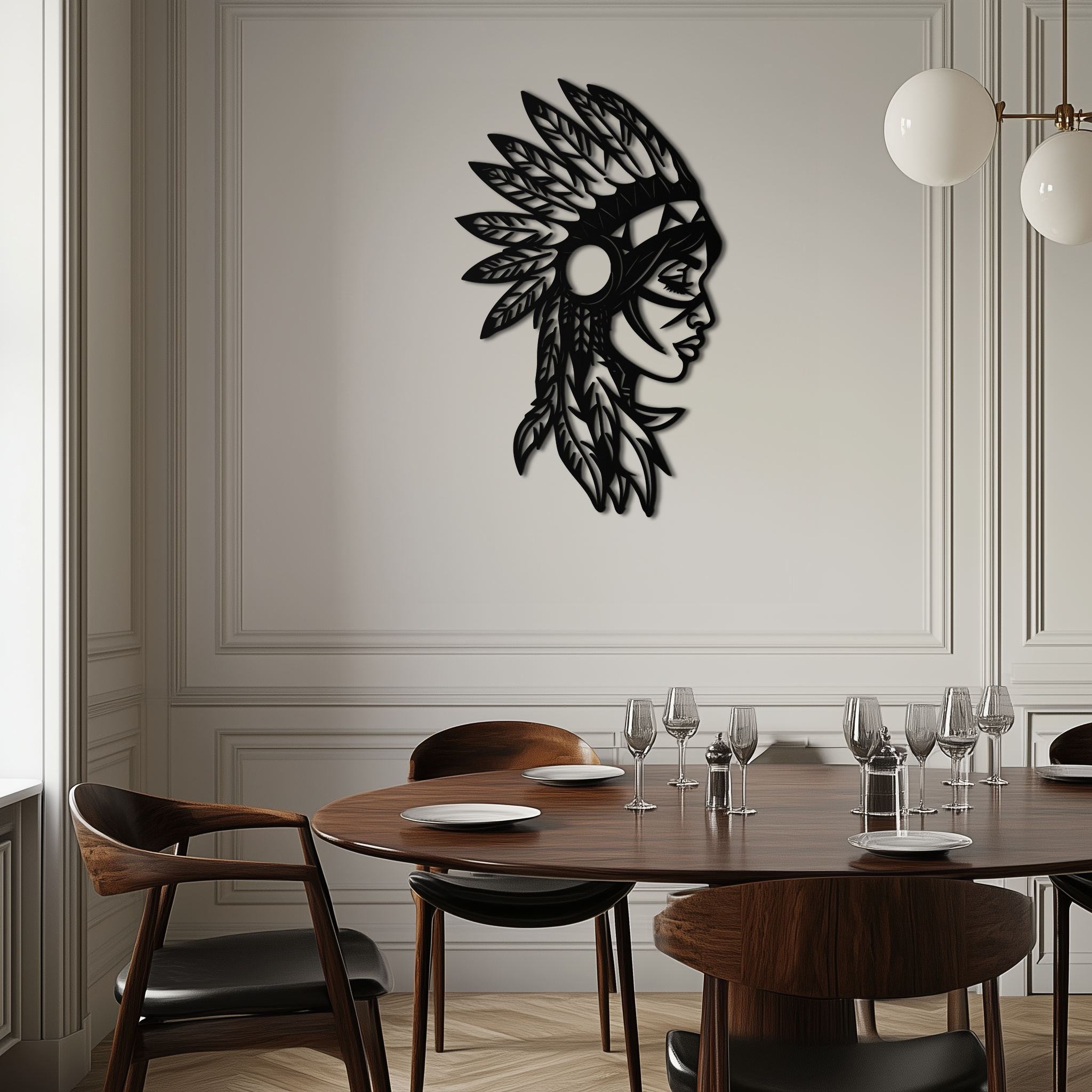 Native American Woman Metal Wall Art - Tribal Feathered Headdress