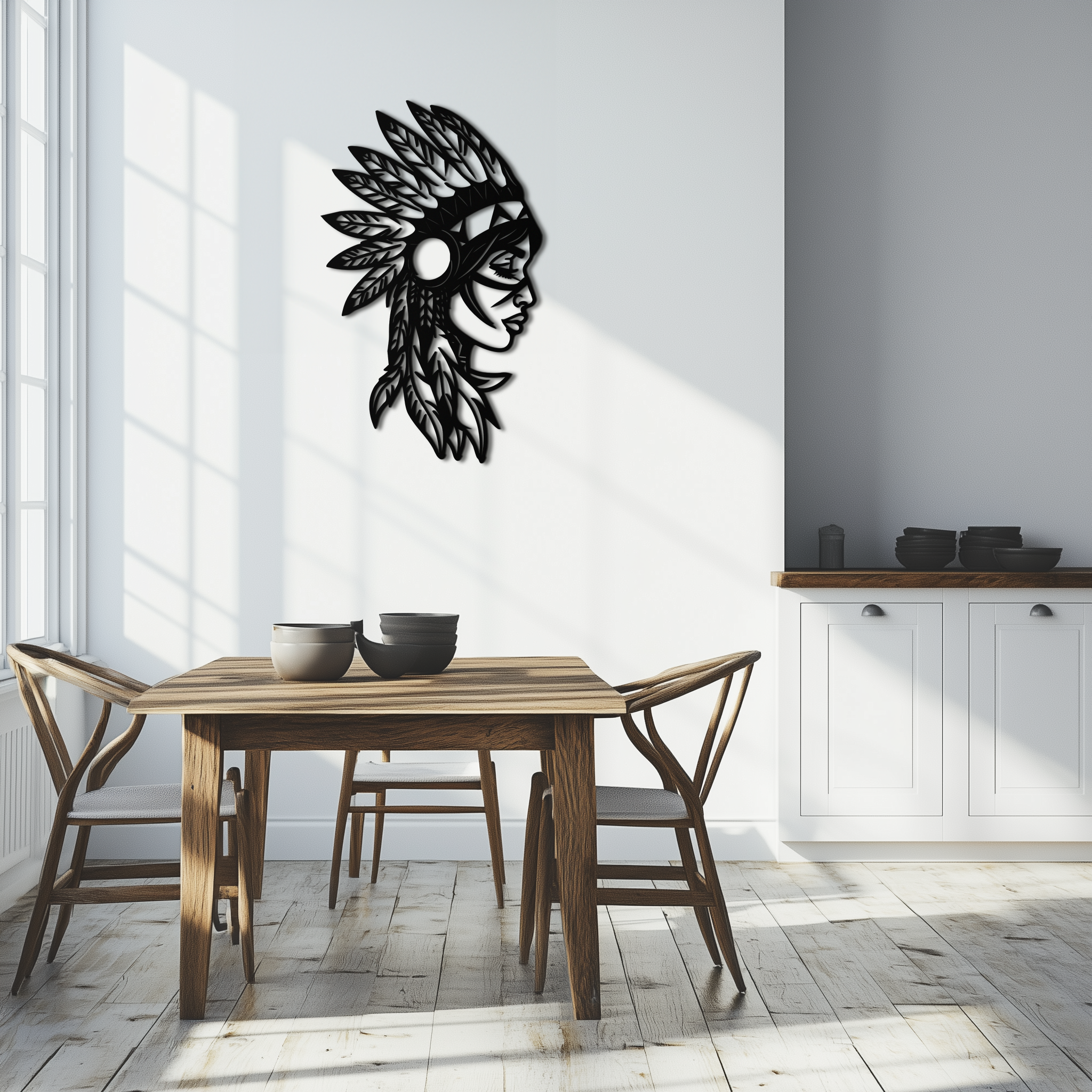 Native American Woman Metal Wall Art - Tribal Feathered Headdress