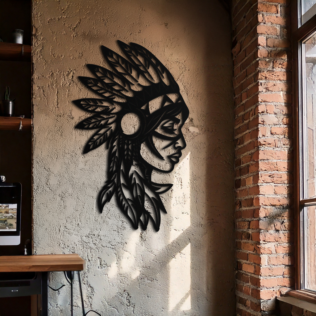 Native American Woman Metal Wall Art - Tribal Feathered Headdress