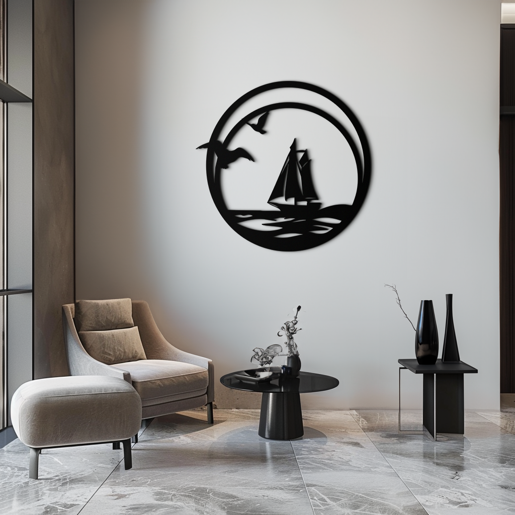 Metal Wall Art - Sunset Silhouette Mountain Tree Round Composition