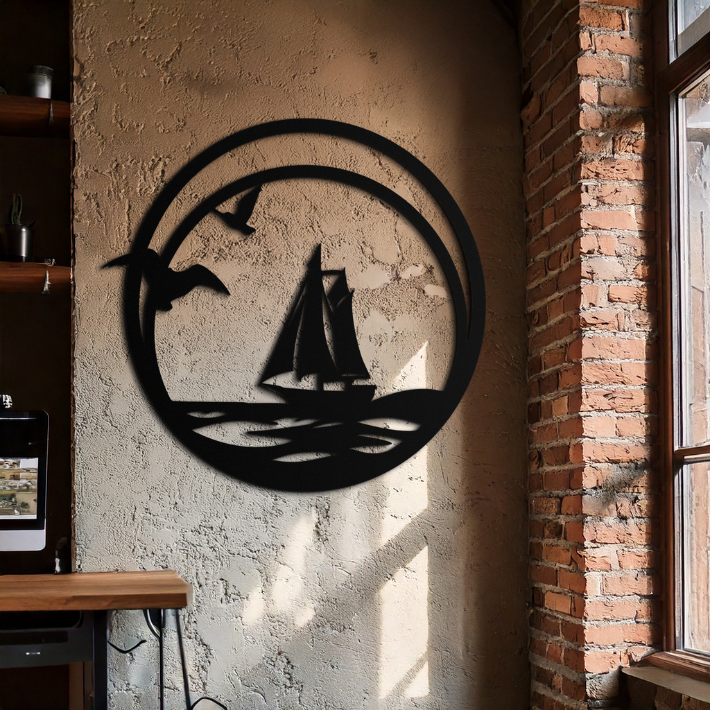 Metal Wall Art - Sunset Silhouette Mountain Tree Round Composition