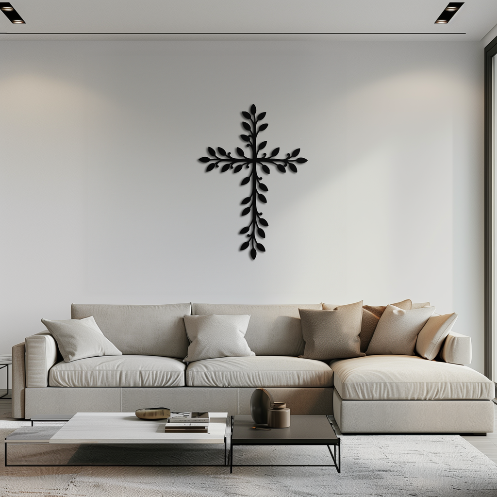 Metal Leaf Cross Wall Art - Botanical Christian Home Design