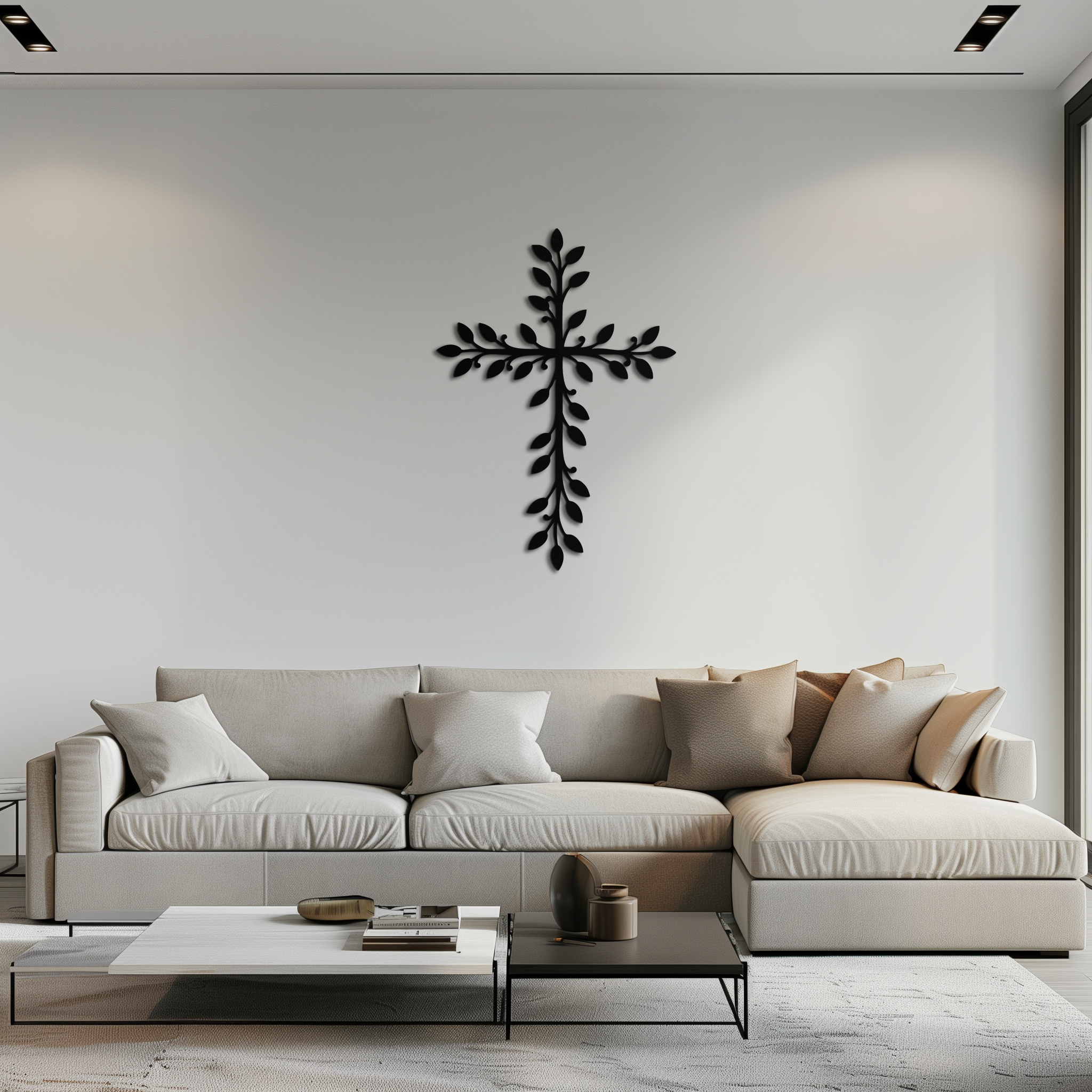 Metal Leaf Cross Wall Art - Botanical Christian Home Design