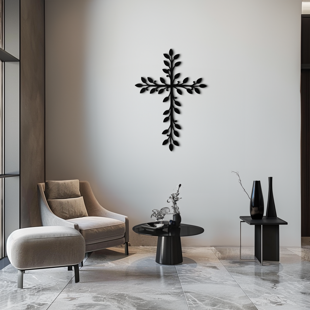 Metal Leaf Cross Wall Art - Botanical Christian Home Design
