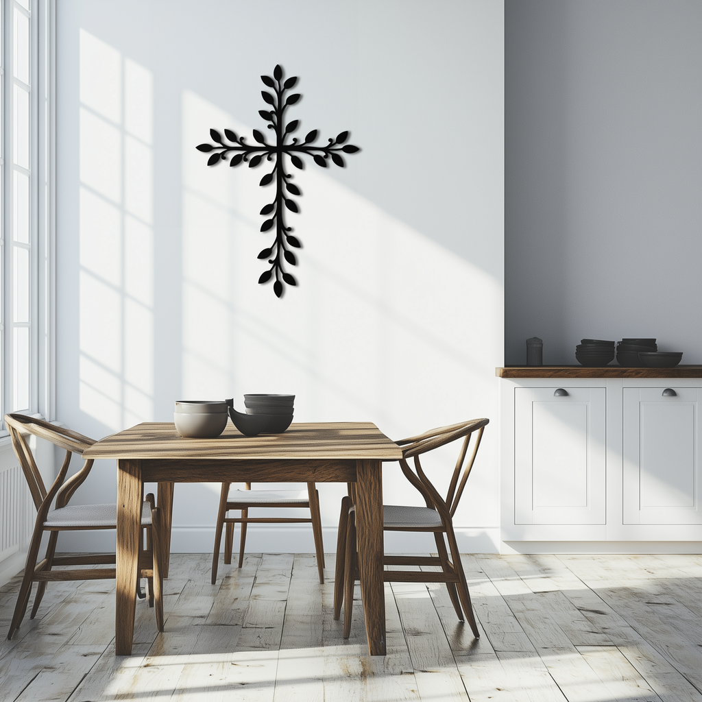 Metal Leaf Cross Wall Art - Botanical Christian Home Design