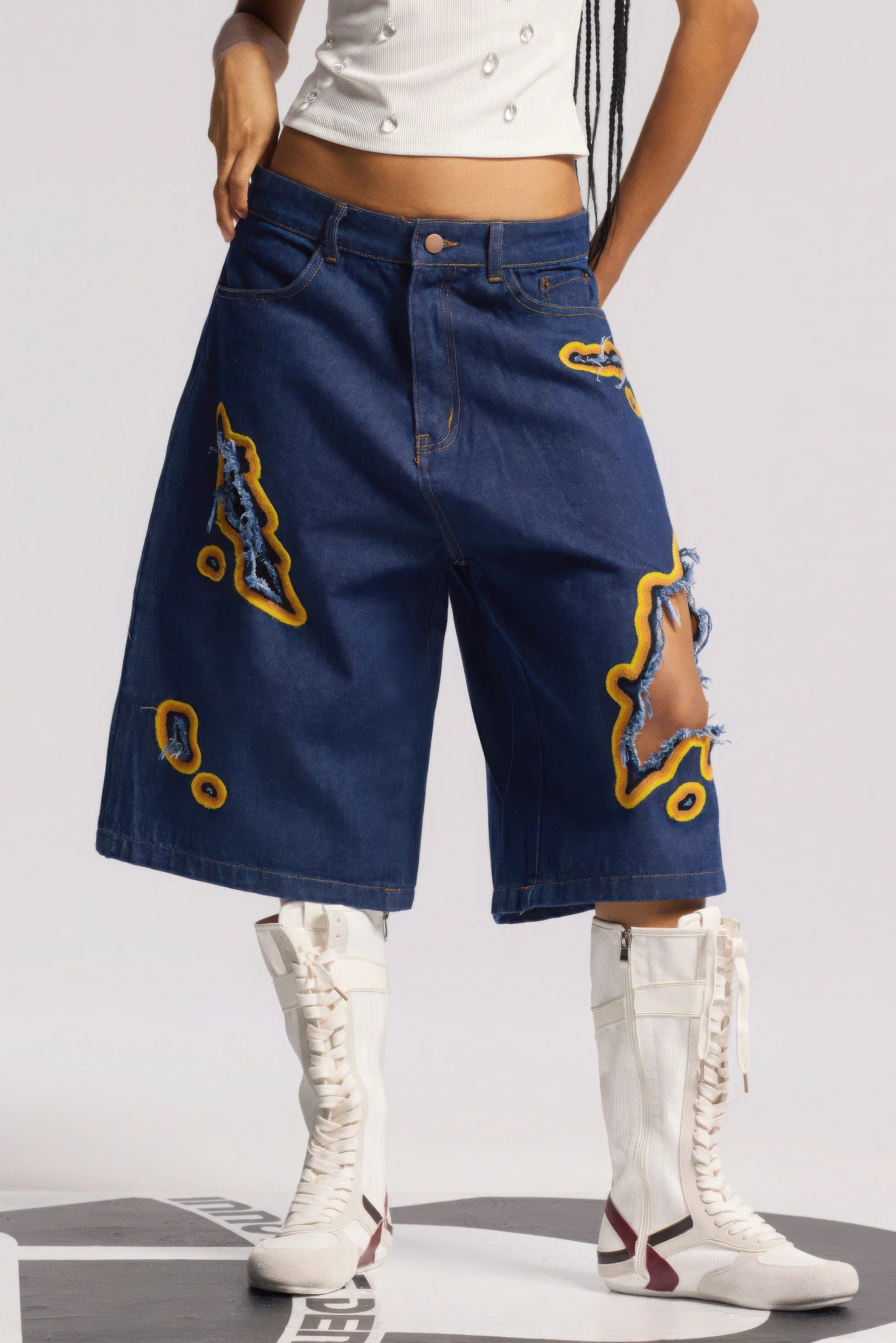 Flame Burnout Distressed Denim Shorts – Bold, Streetwear-Inspired Design