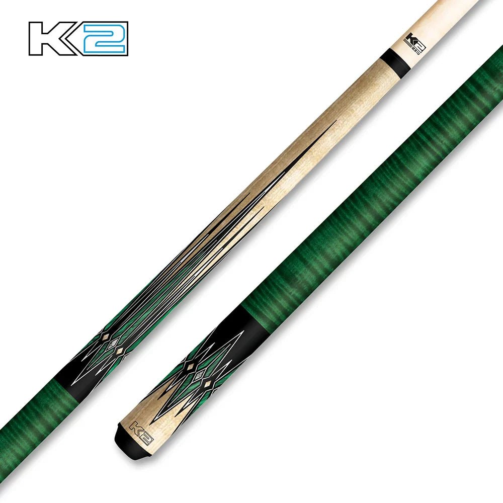 K2 KL180 Wrapless Gloss Cue with Birdeye & Green/Black Points Design