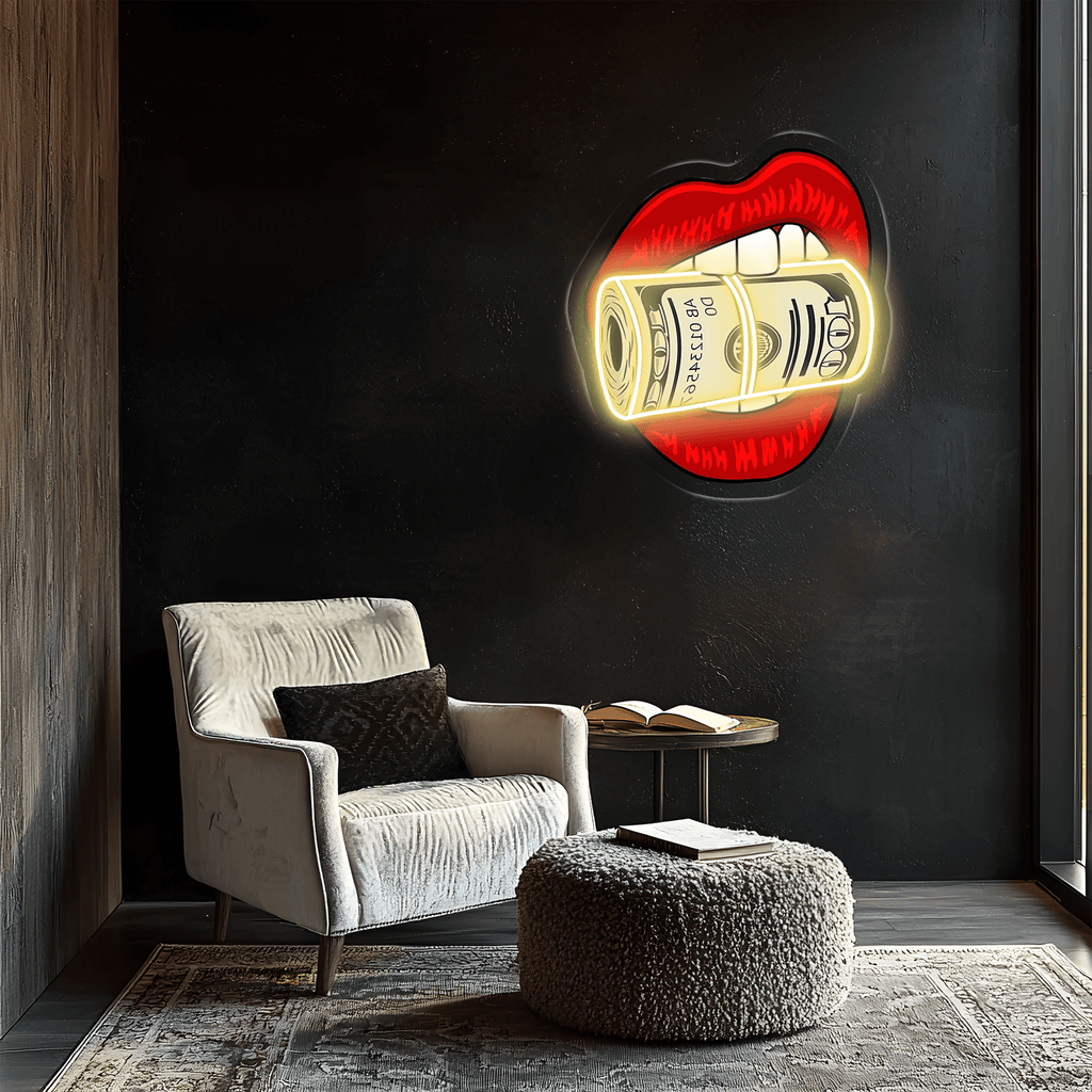 Kiss Dollars LED Neon Wall Sign - Clear Acrylic Backing Gaming Contemporary Decor