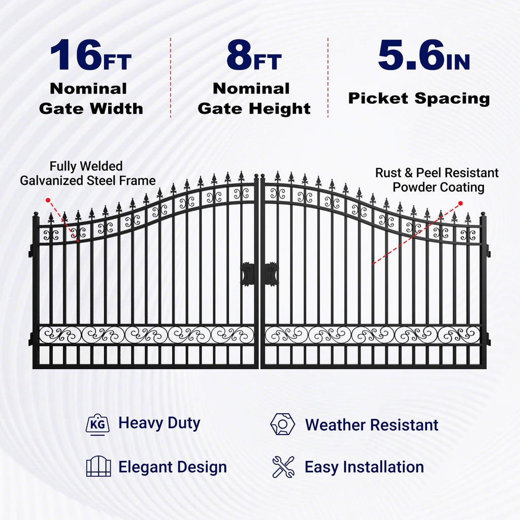 16x8 ft Steel Dual Swing Driveway Gate