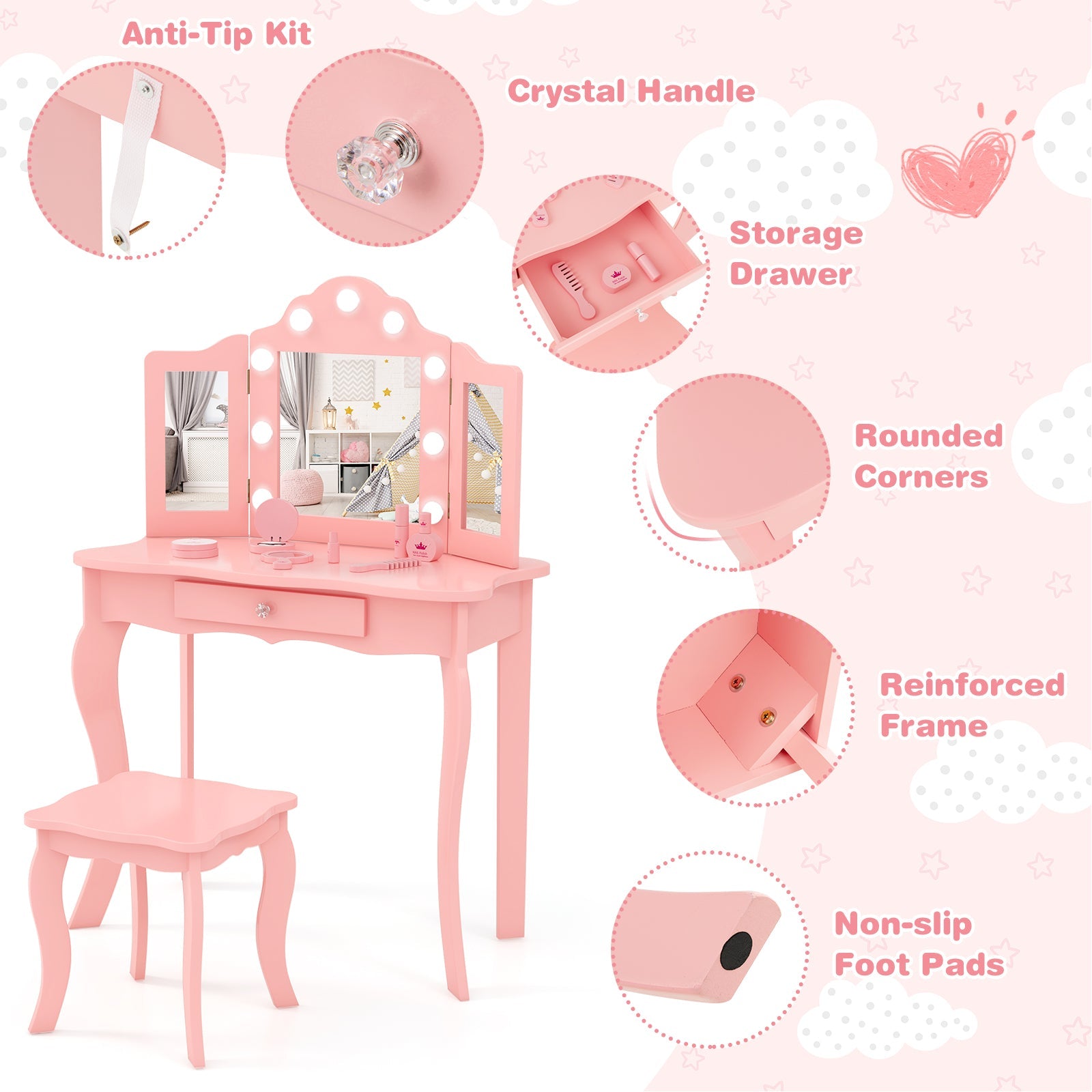Kid Vanity Table Stool Set with Tri-Folding Mirror and 3-Color LED Lights
