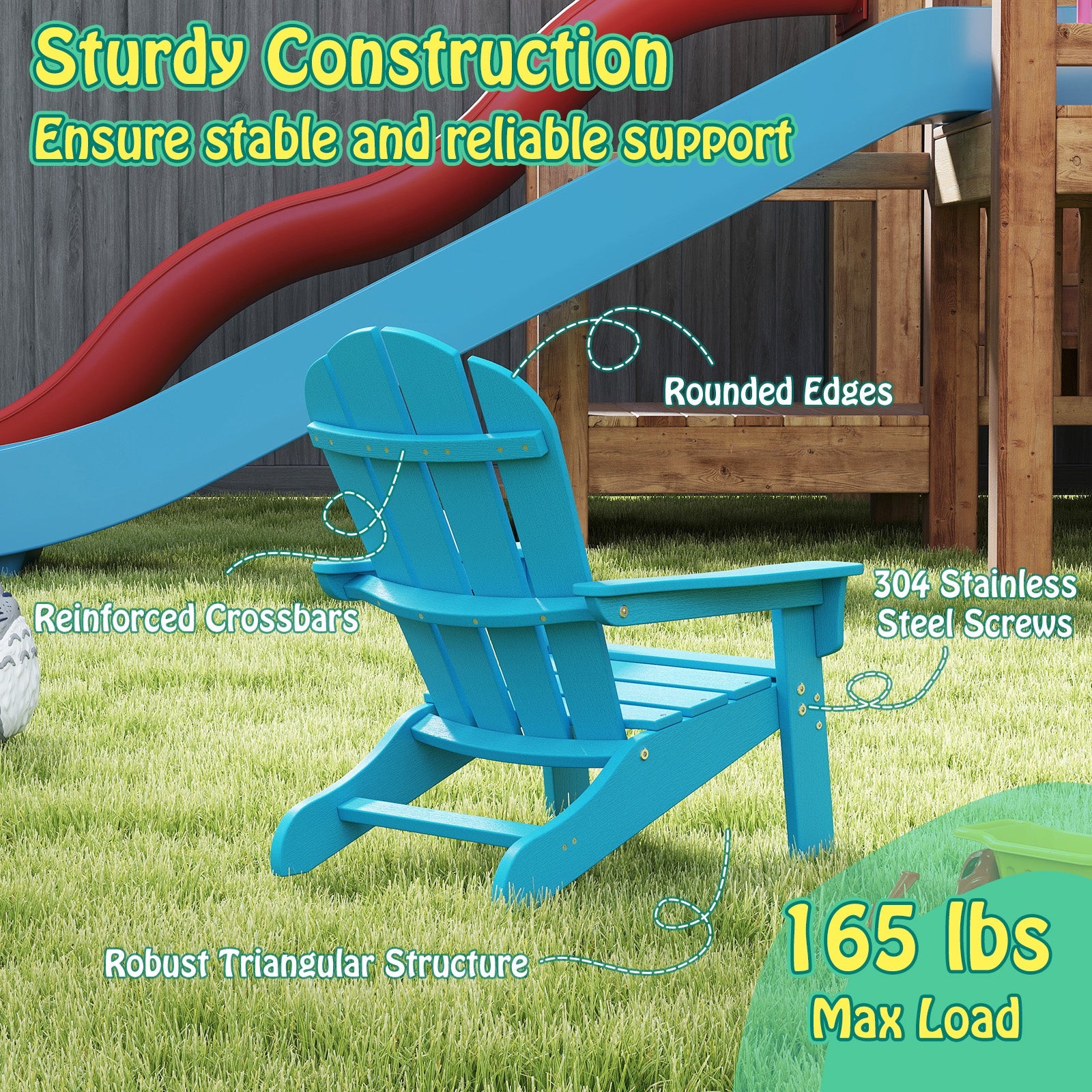 All-Weather HDPE Kid's Adirondack Chair with with High Backrest and Armrests-Turquoise