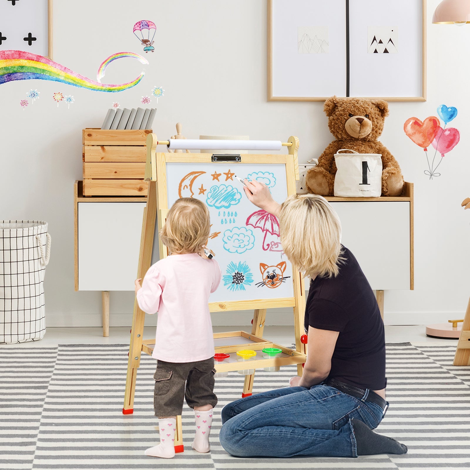 Kids Art Easel with Paper Roll Double-Sided Regulable Drawing Easel Plank