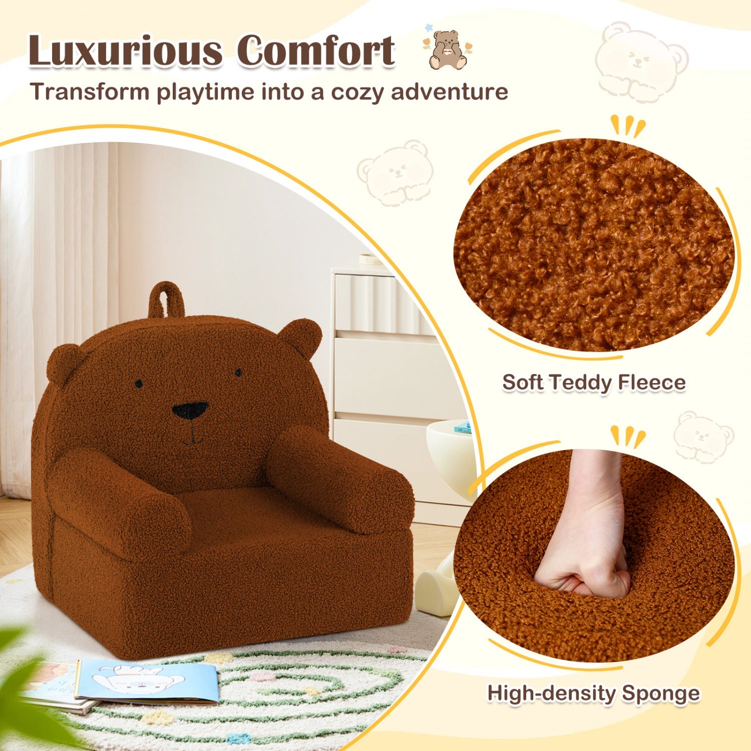 Kids Bear Sofa Toddler Foam Couch with Soft Fleece Fabric Cover