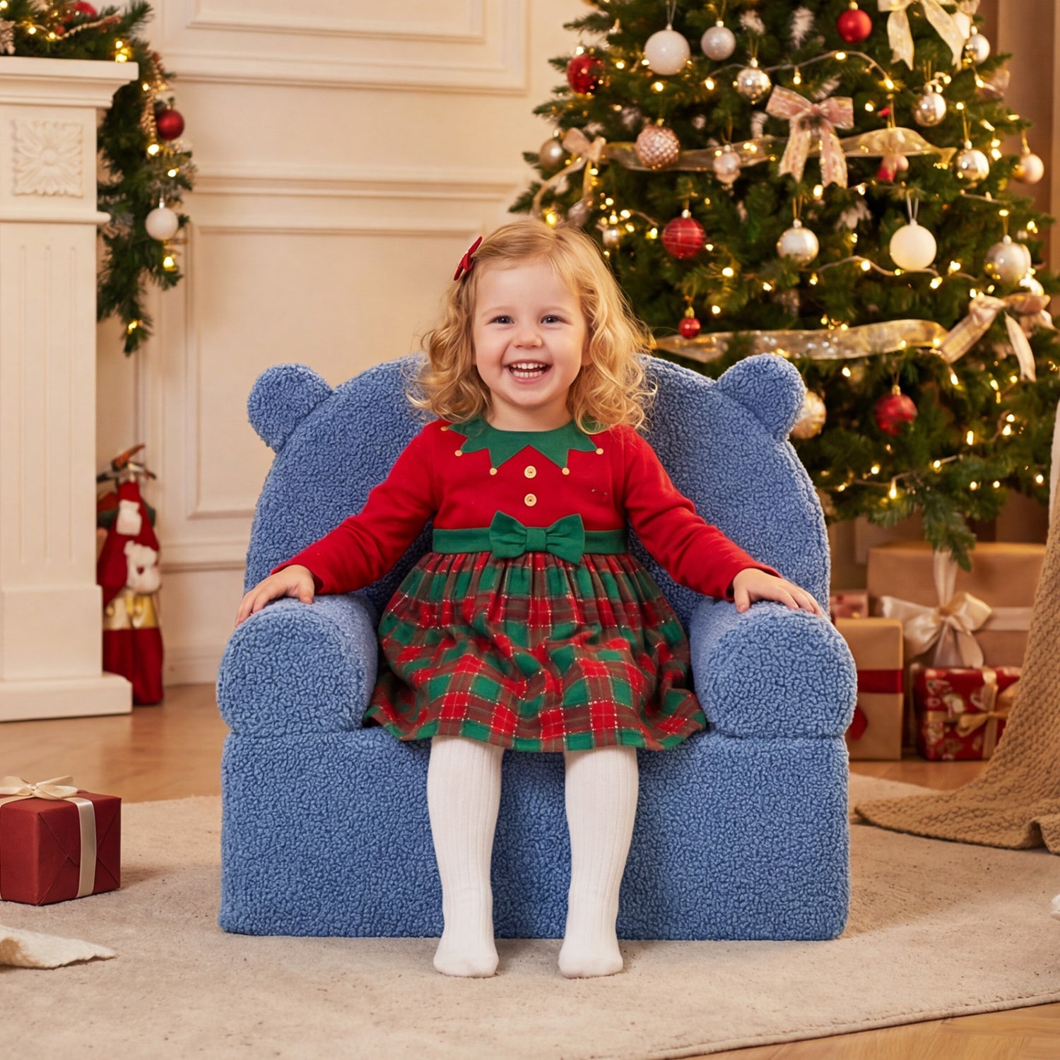 Kids Bear Sofa Toddler Foam Couch with Soft Fleece Fabric Cover