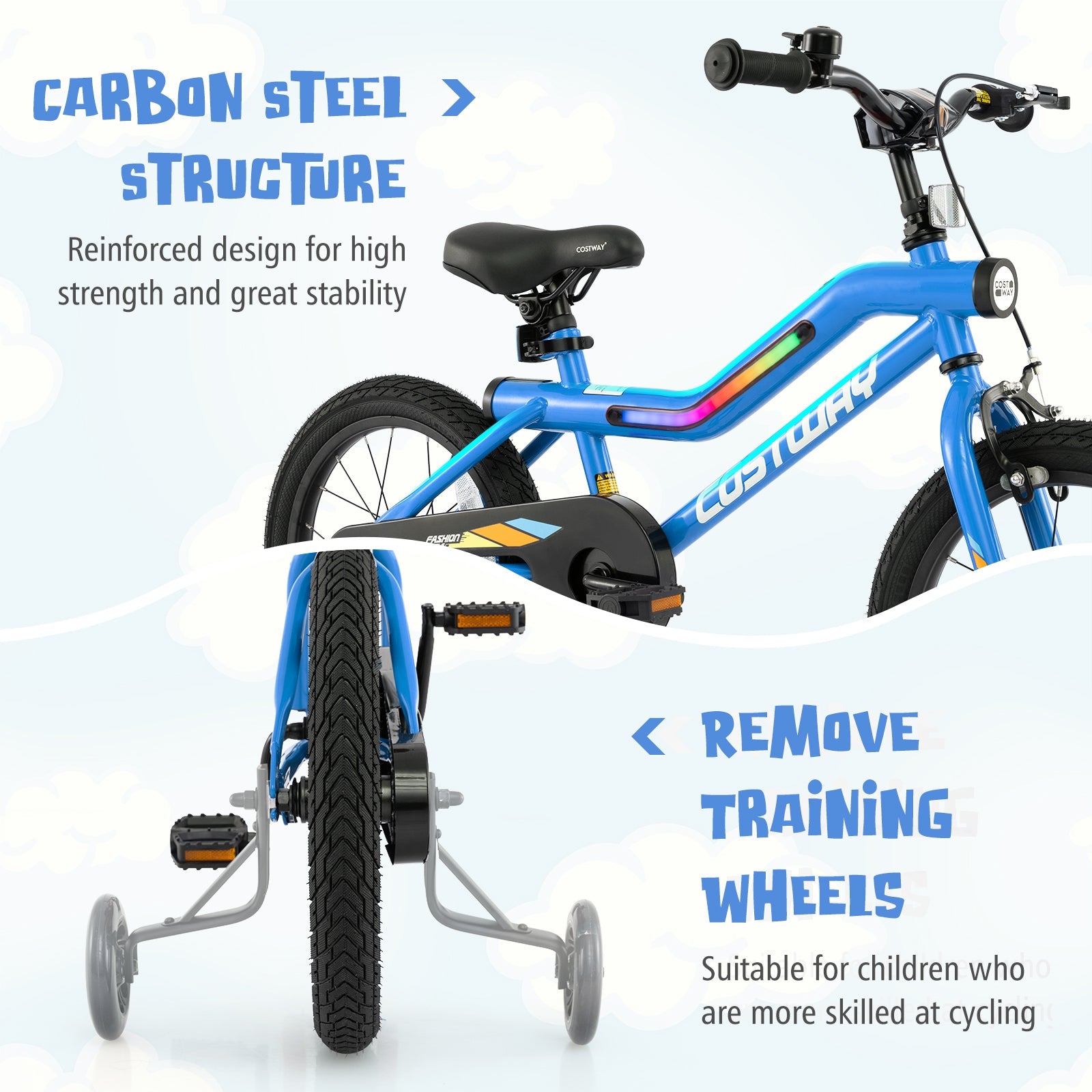 18 Inch Kids Bike LED Lighted Adjustable with Training Wheels for 4-8 Years Old Kids-18 inches