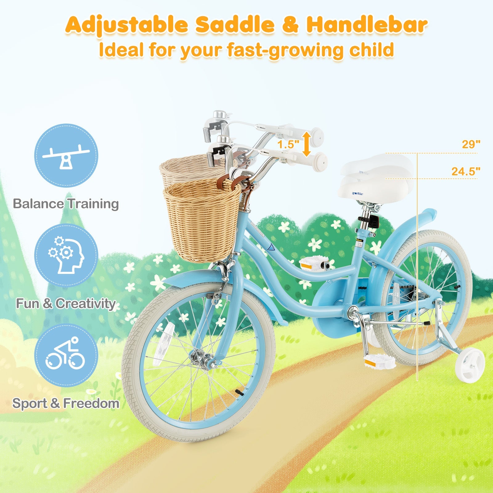 18-Inch Kids Bike with Training Wheels and Adjustable Handlebar Seat