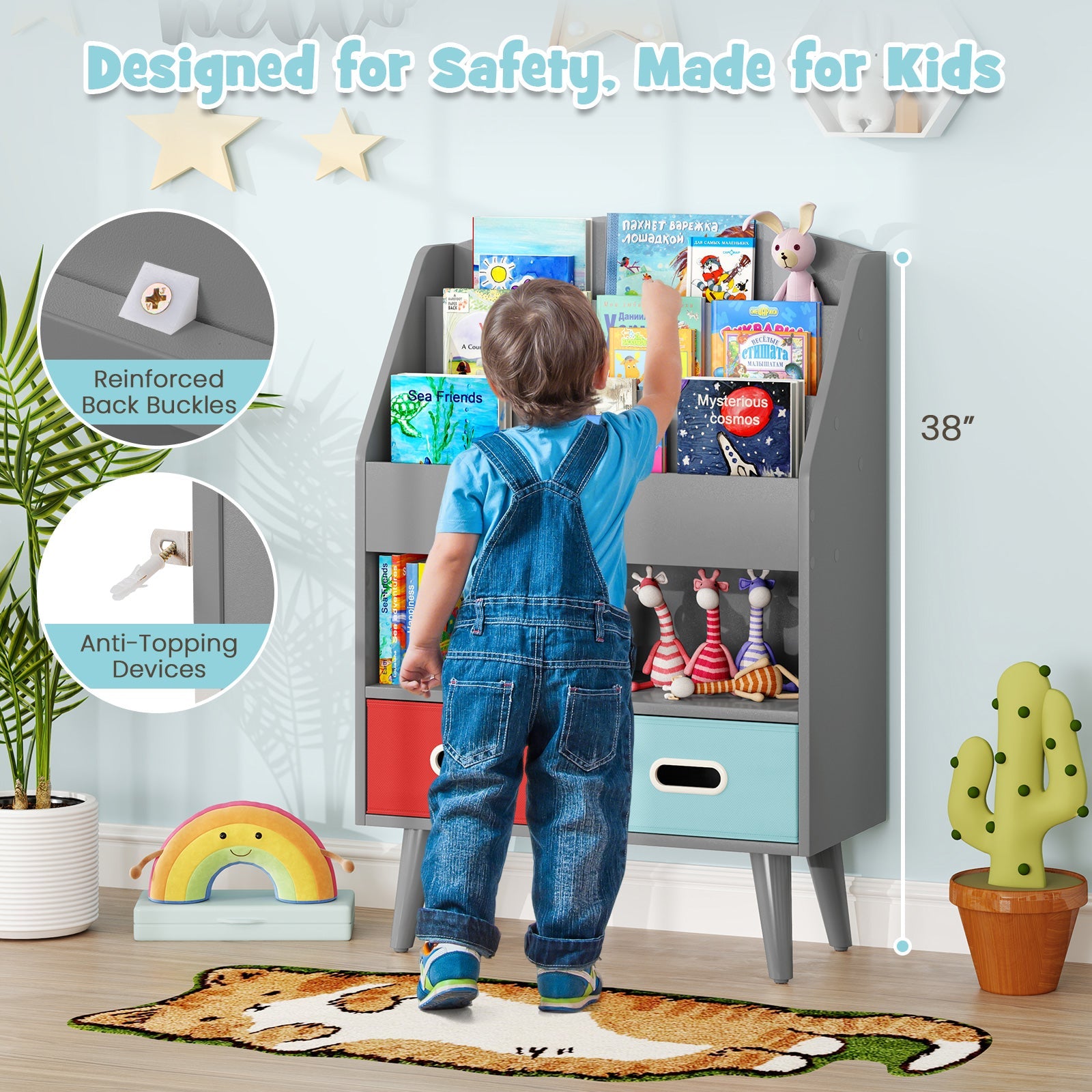 Kids Bookshelf with Open Compartment for Toddlers 3+ Years Old