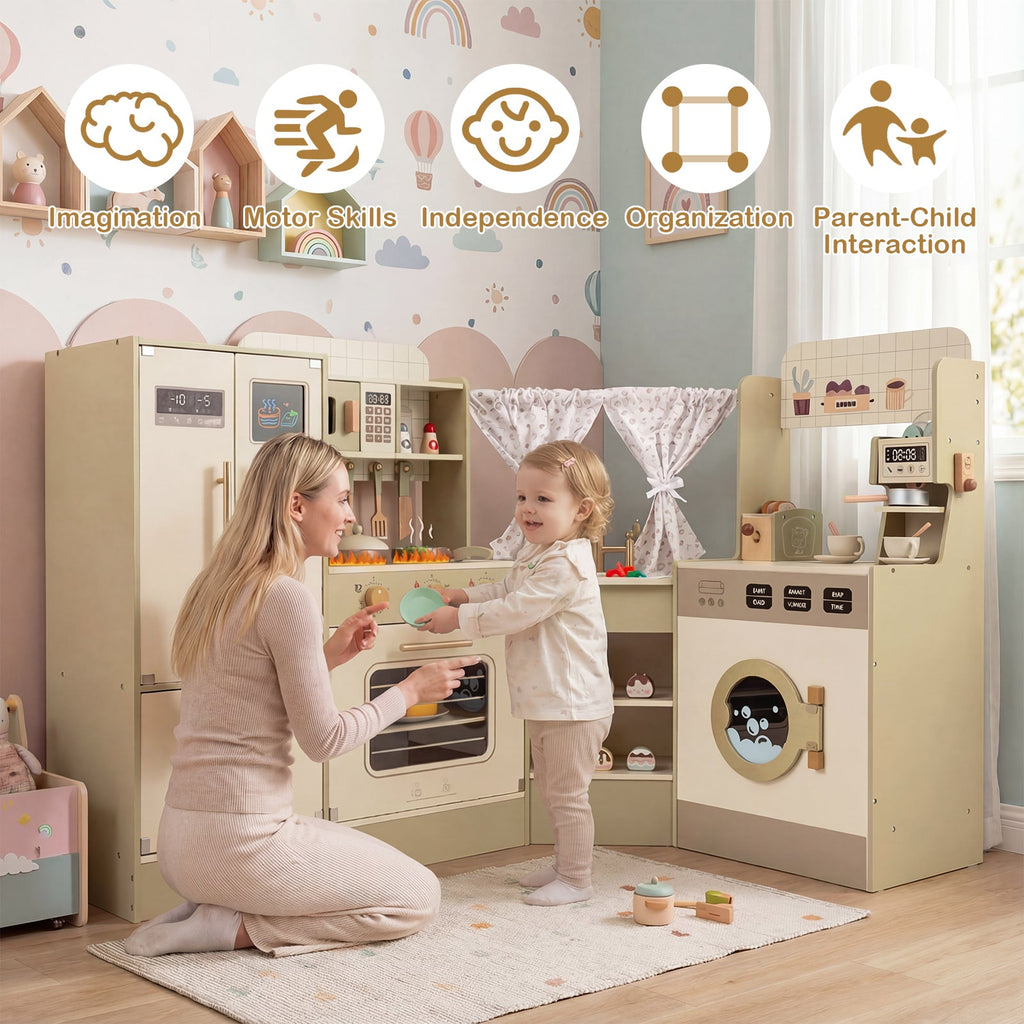 Kids Corner Play Kitchen with Faucet and Dishwasher and Stoves-Green