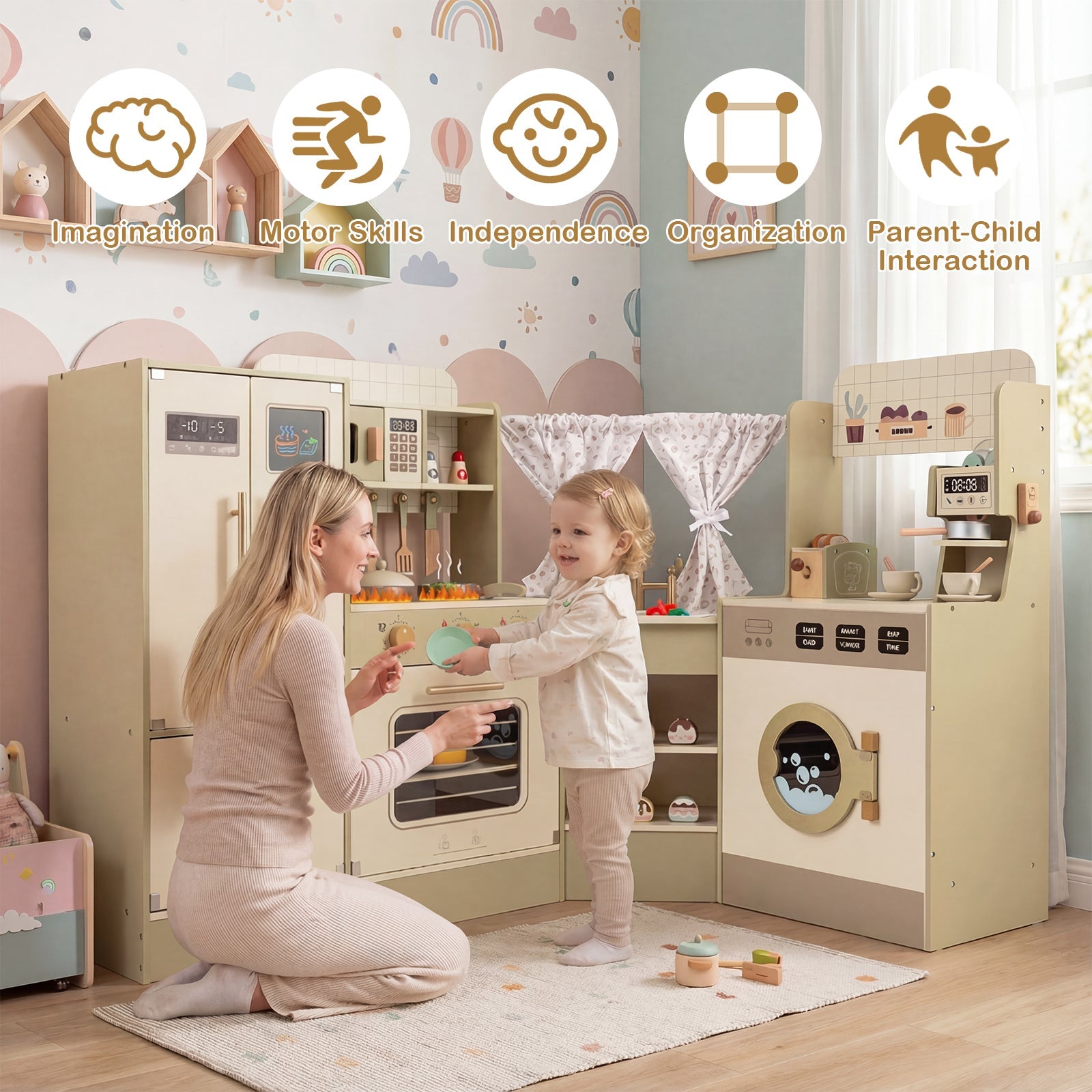 Kids Corner Play Kitchen with Faucet and Dishwasher and Stoves-Green