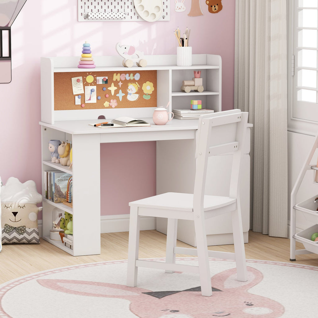 Kids Desk and Chair Set with Hutch and 3-Layer Side Shelf