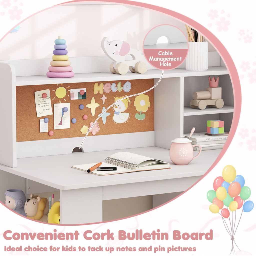 Kids Desk and Chair Set with Hutch and 3-Layer Side Shelf