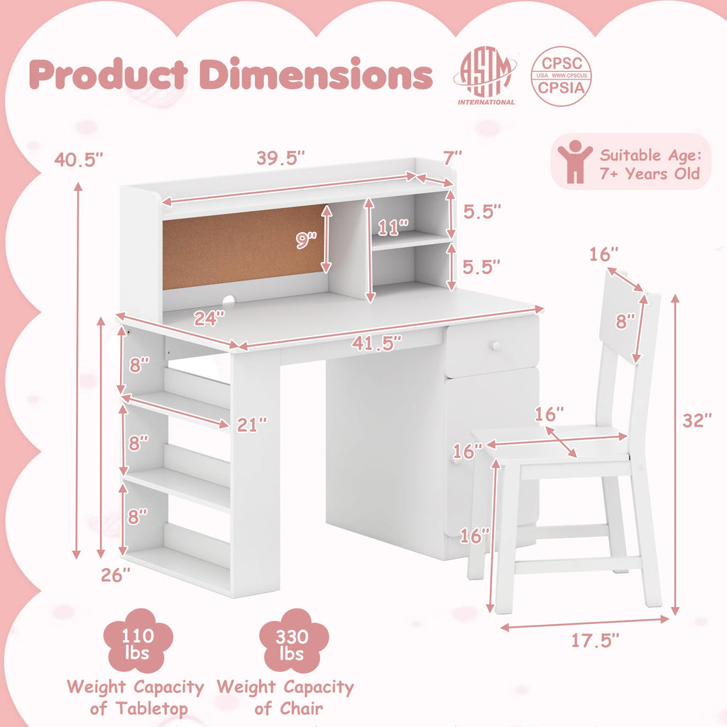 Kids Desk and Chair Set with Hutch and 3-Layer Side Shelf