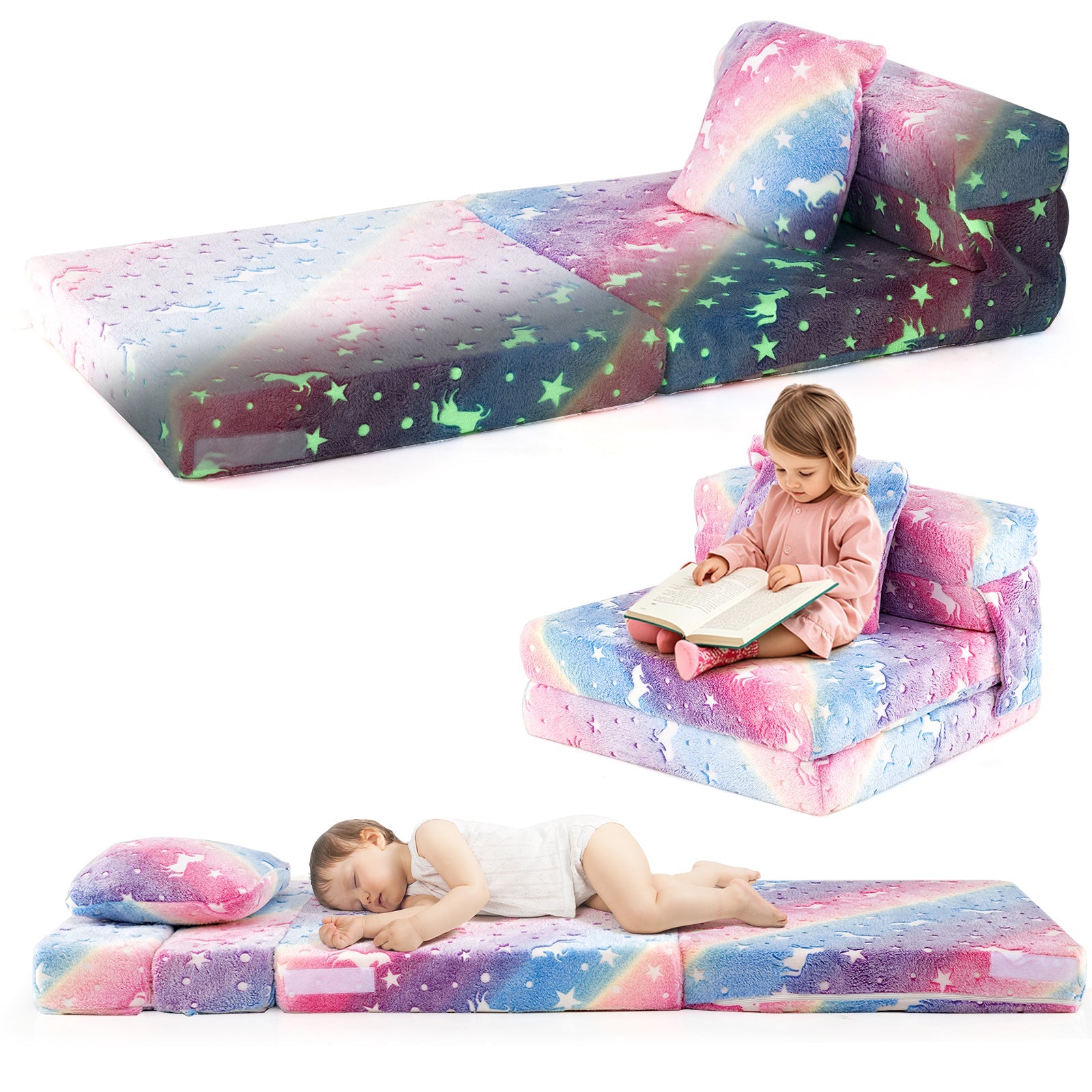 Kids Folding Sofa Bed Floor Mattress Glow in the Dark with Pillow