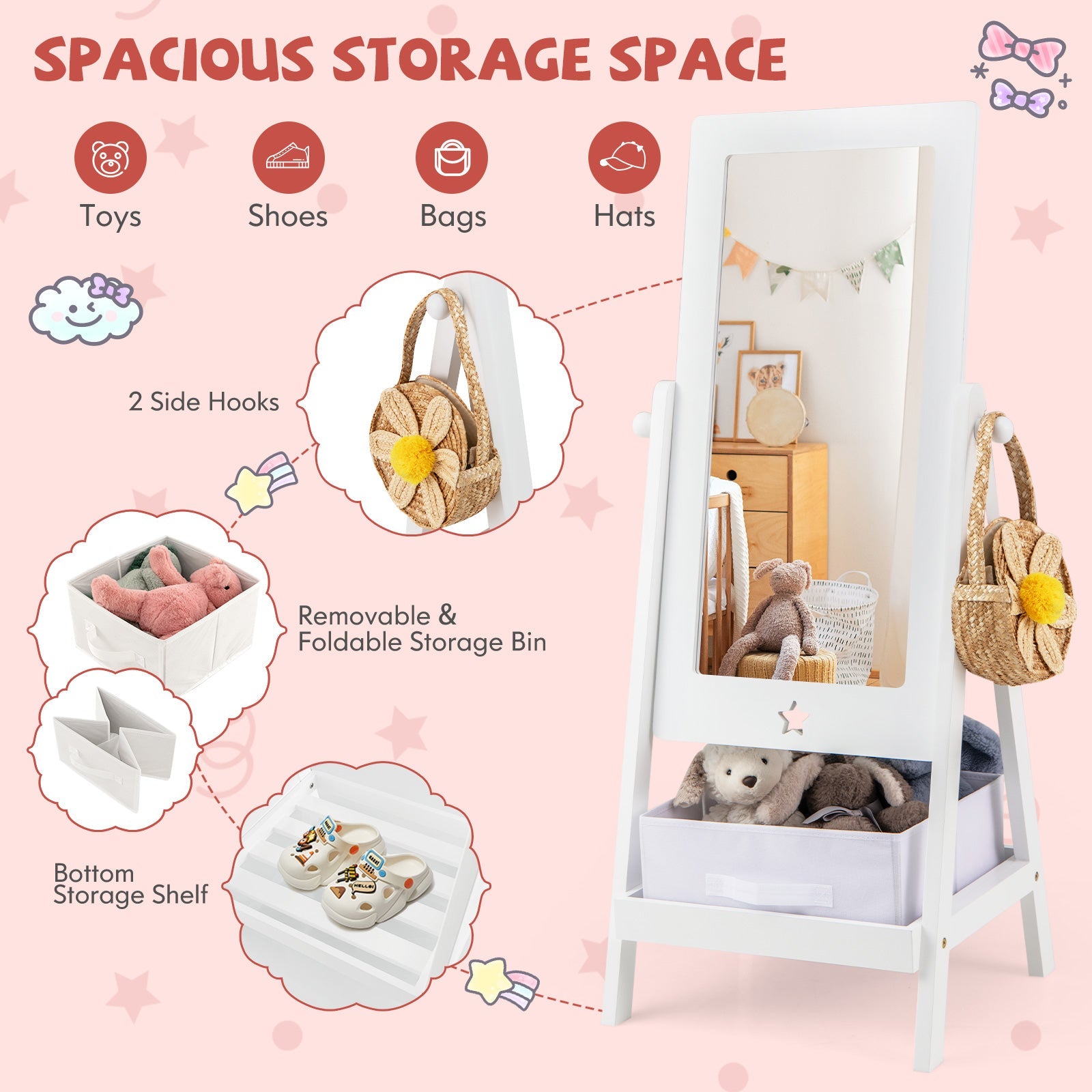 Kids Full Length Mirror 360 Degree Rotatable Dressing Mirror with Storage Bin-White