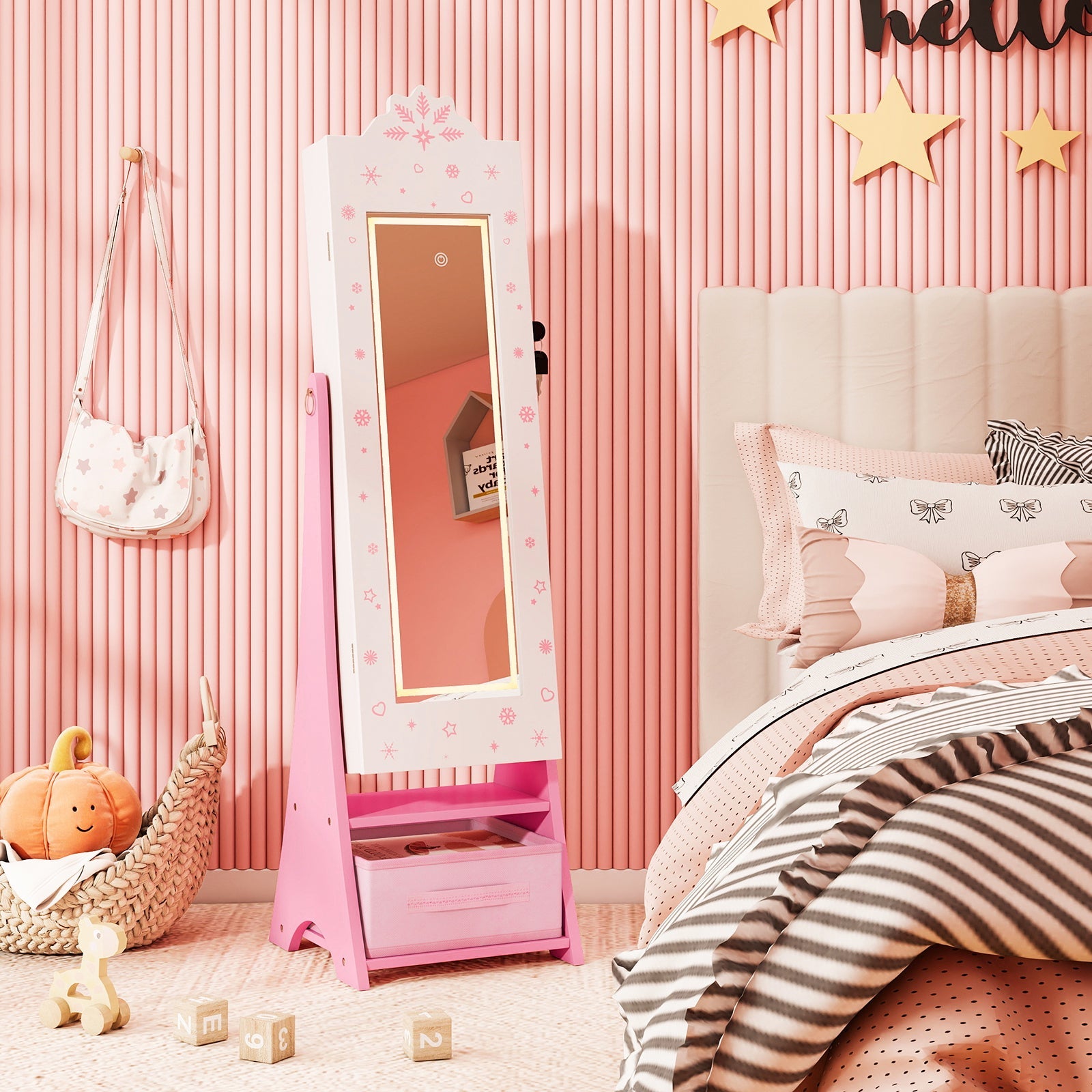 Kids Jewelry Armoire Freestanding Jewelry Cabinet with 3-Color Lighted Full Length Mirror