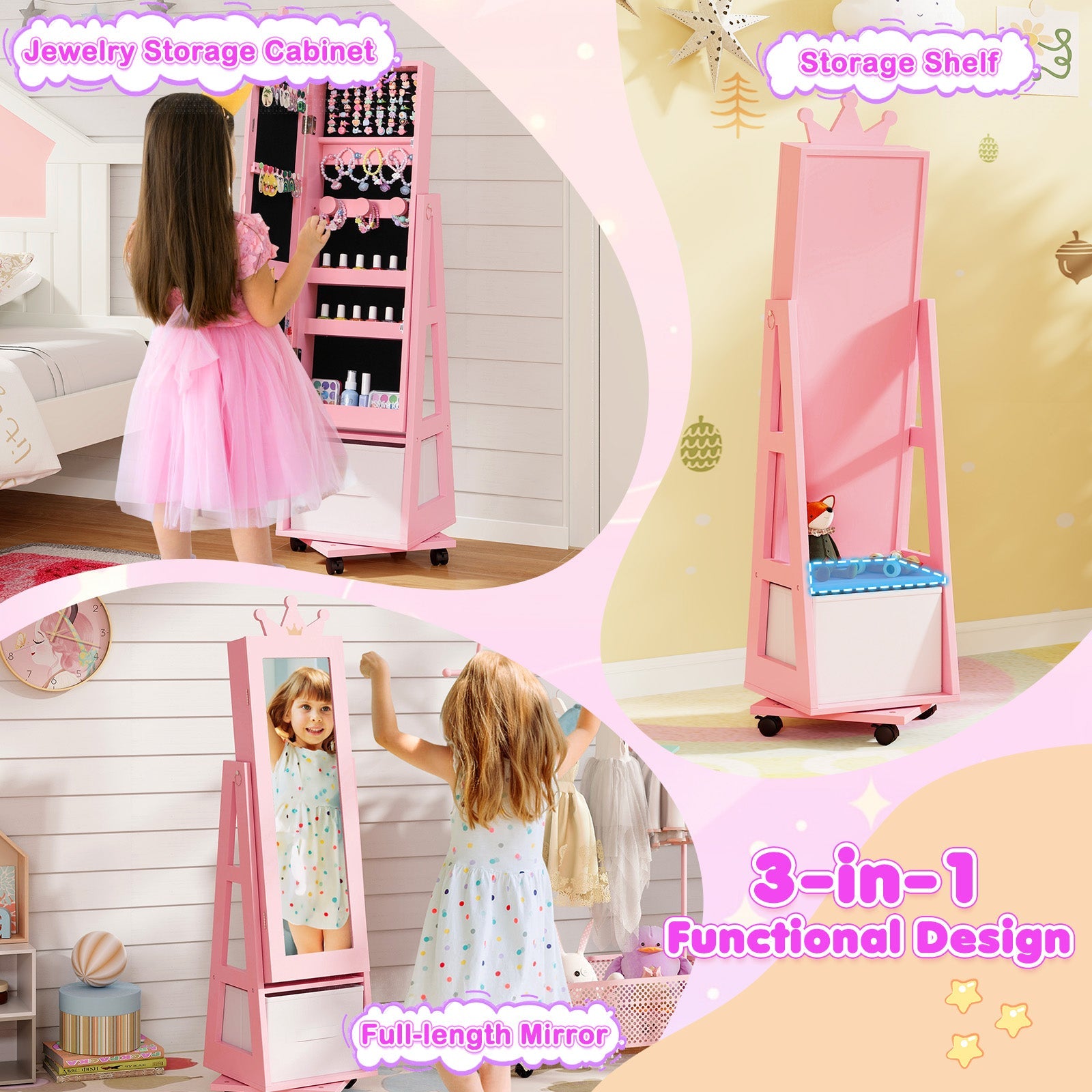 Kids Jewelry Armoire Cabinet with Swivel Base and Lockable Universal Wheels