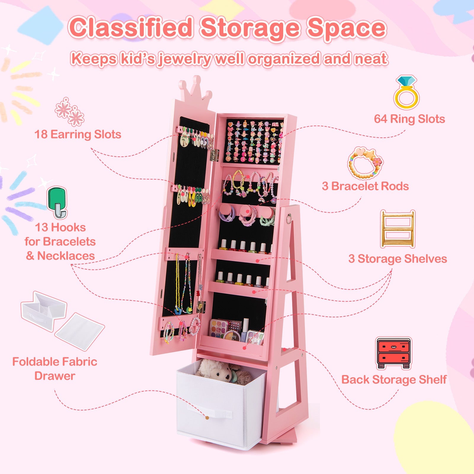 Kids Jewelry Armoire Cabinet with Large Storage Capacity and Swivel Base
