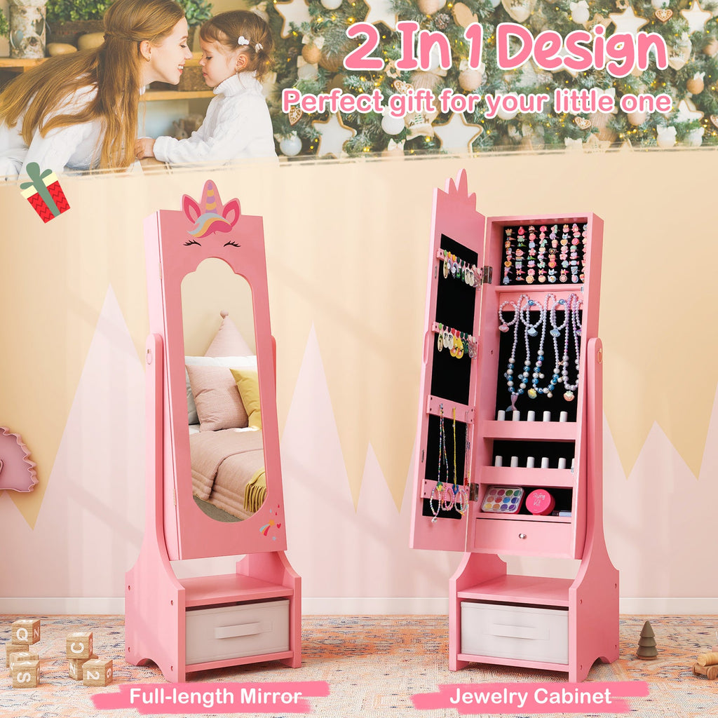 Kids Jewelry Cabinet with Full-Length Mirror for Kids Bedroom and Playroom
