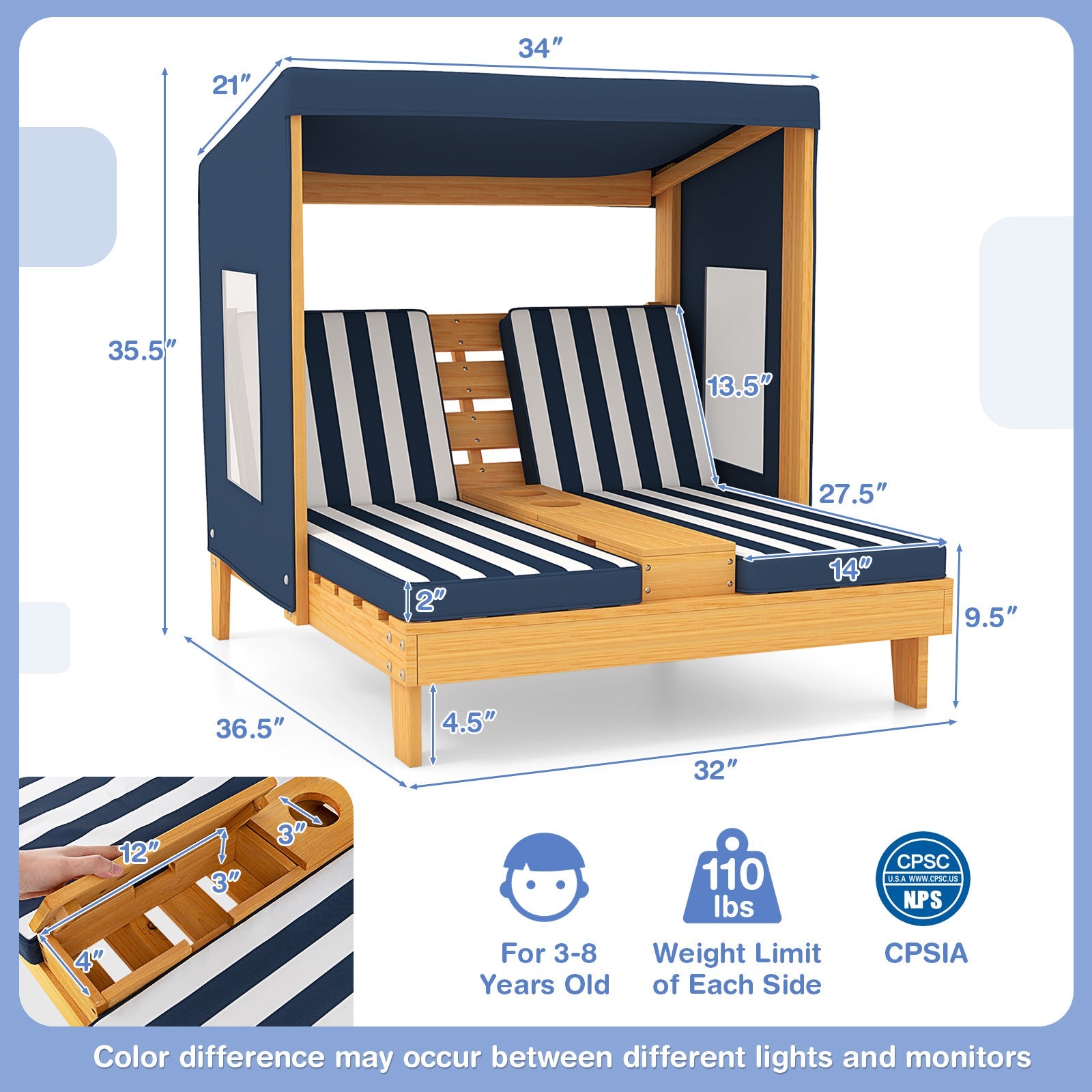 Kids Patio Lounge Chair with Cup Holders and Awning