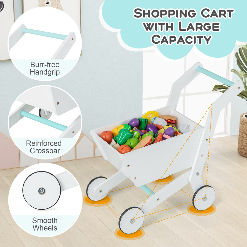 Wooden Kids Supermarket Playset with Cash Register and Shopping Cart-White