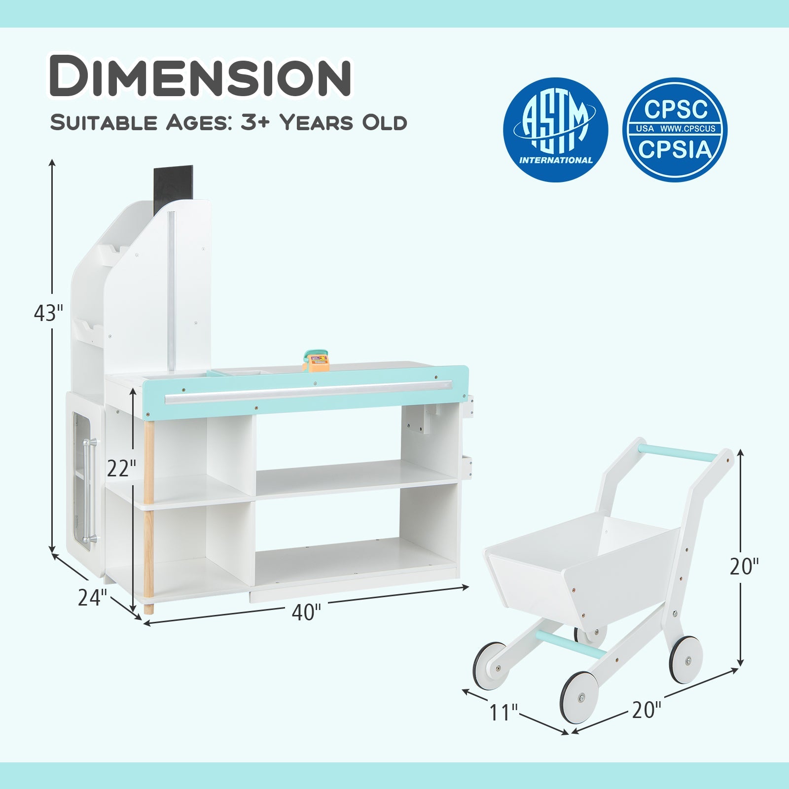 Wooden Kids Supermarket Playset with Cash Register and Shopping Cart-White