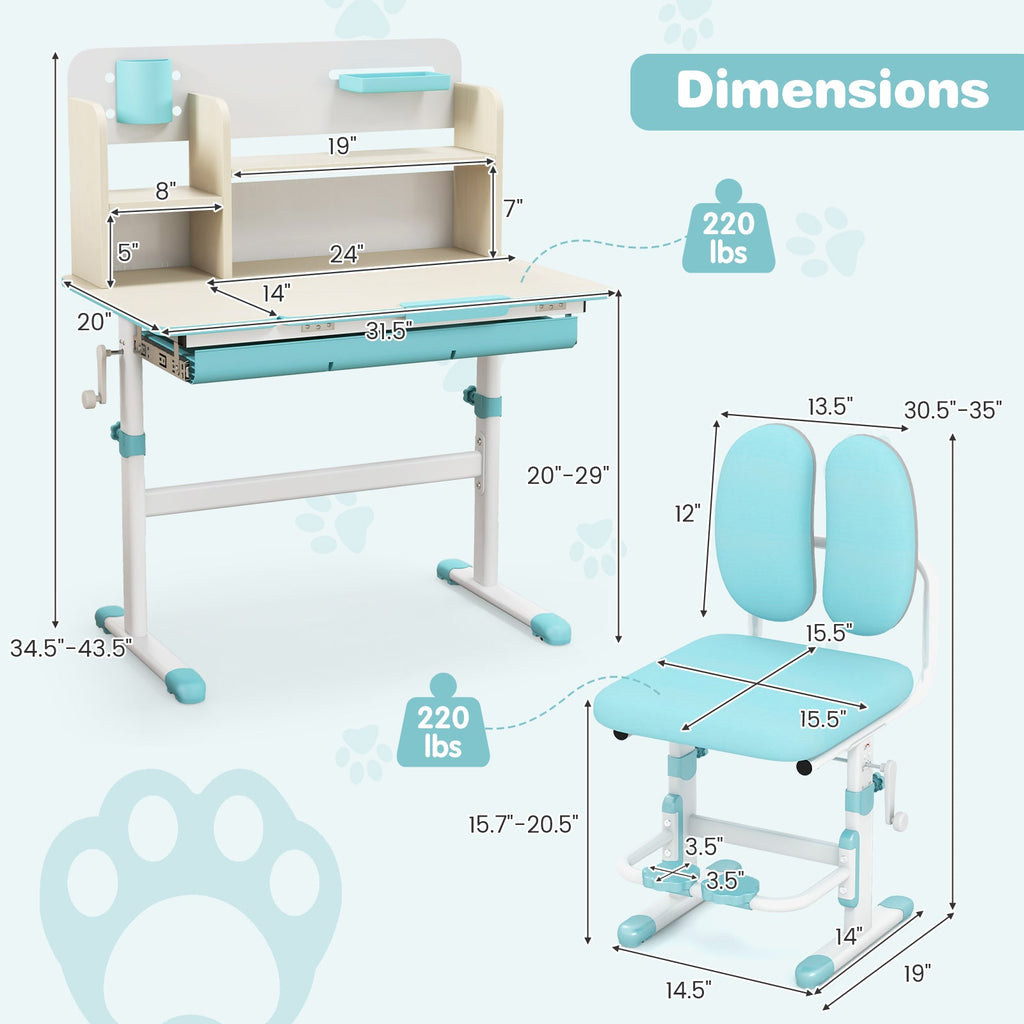 Height Adjustable Children School Home Study Table and Chair Set with Tilted Desktop for 3-12 Years Old