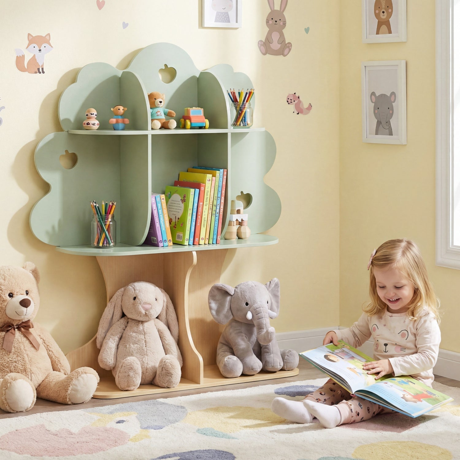 Kids Tree Bookshelf 45" Tall Freestanding Bookcase with Open Shelves-Green