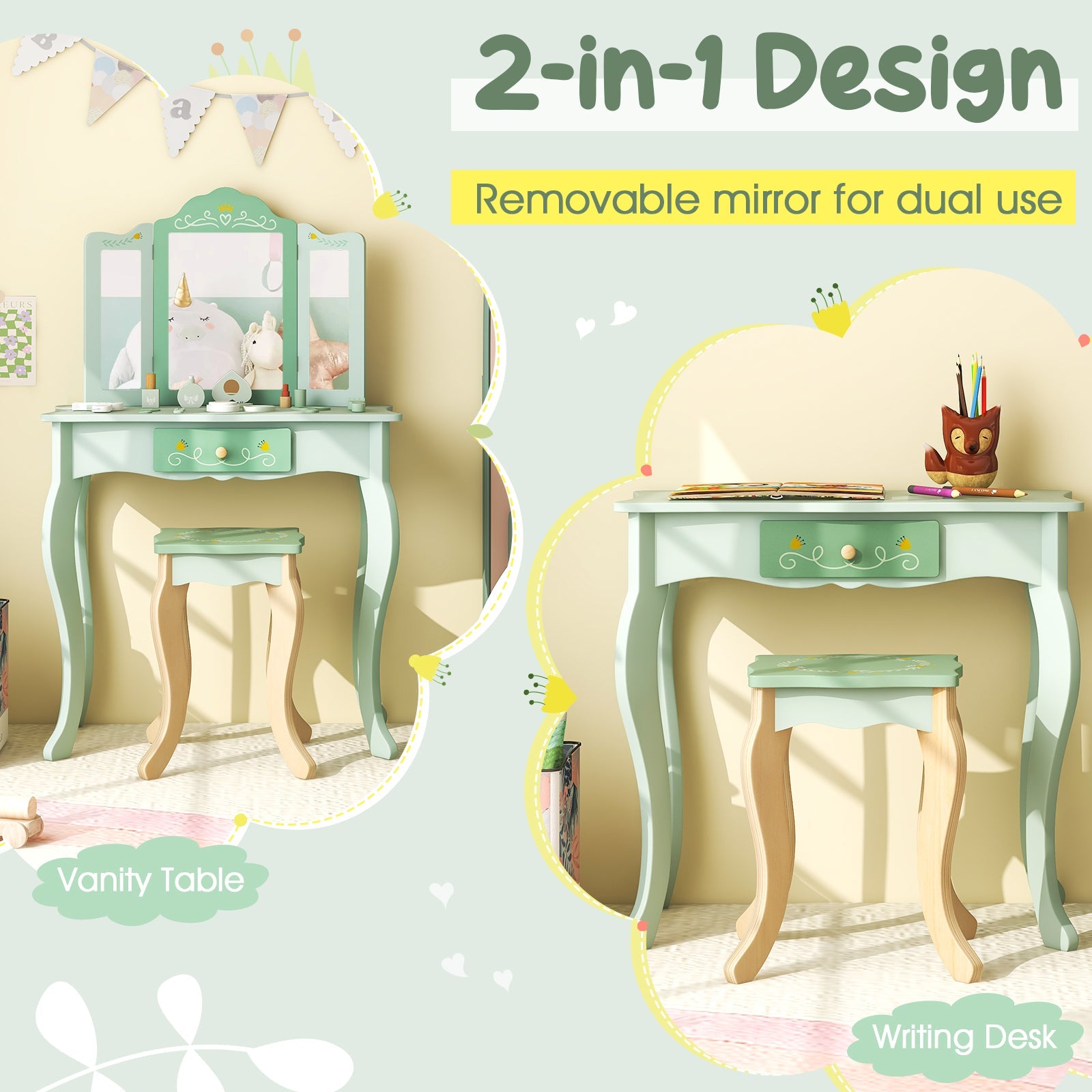 Kids Vanity Set with Tri-folding Mirror