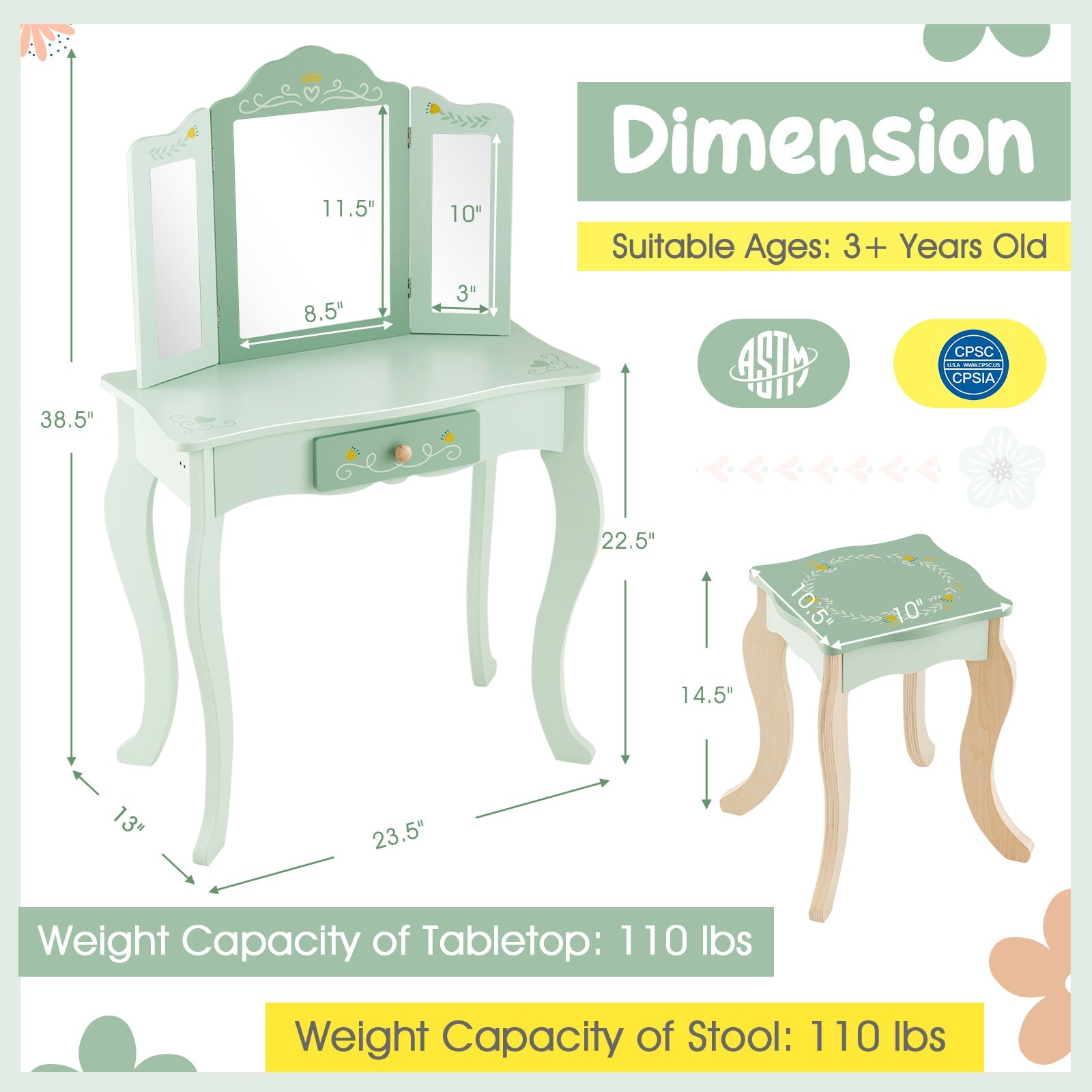 Kids Vanity Set with Tri-folding Mirror